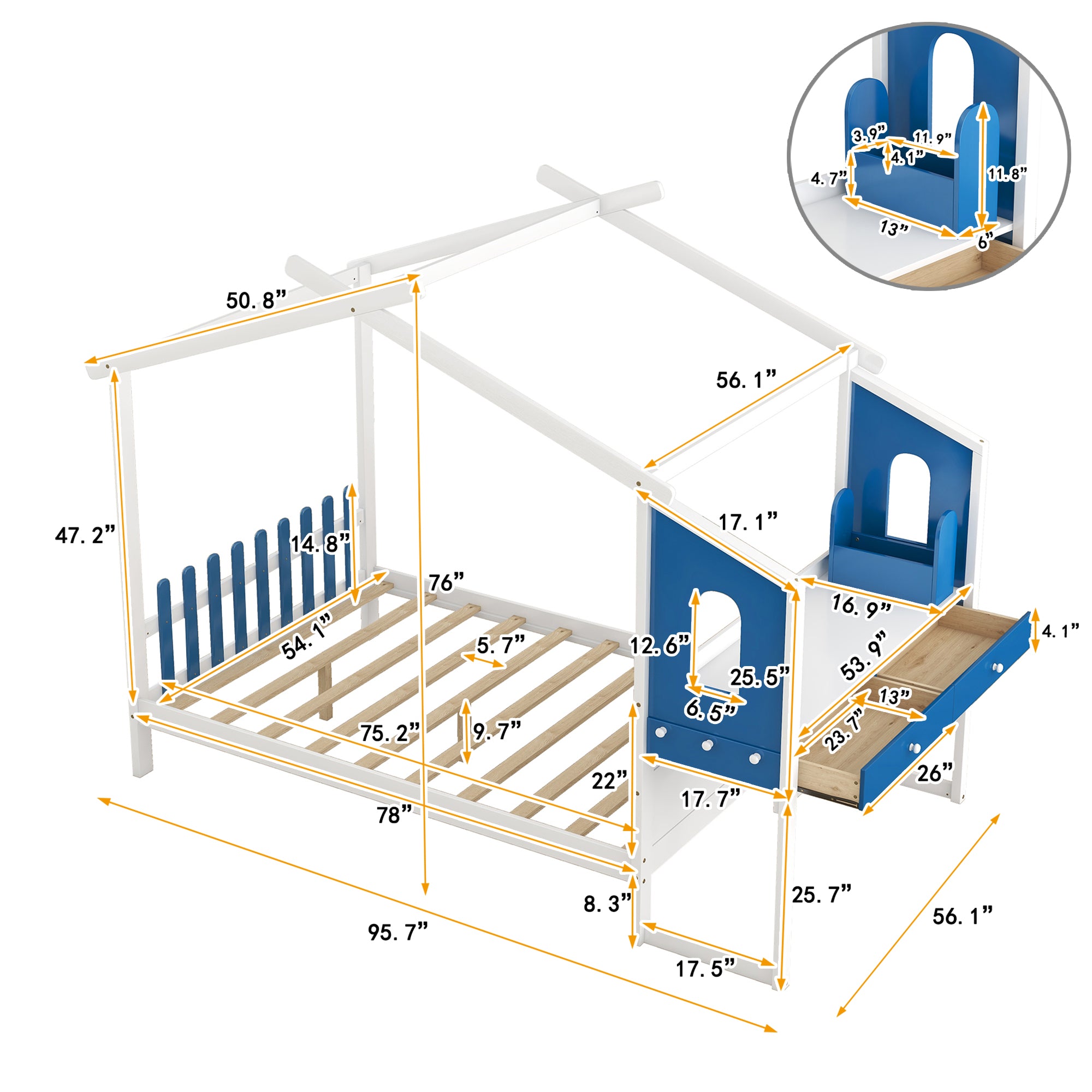 Royard Oaktree Full Size House Bed with Roof Wood Platform Bed Frame with Built-in Desk and Drawers, Separate Storage Pen Case, White+Blue