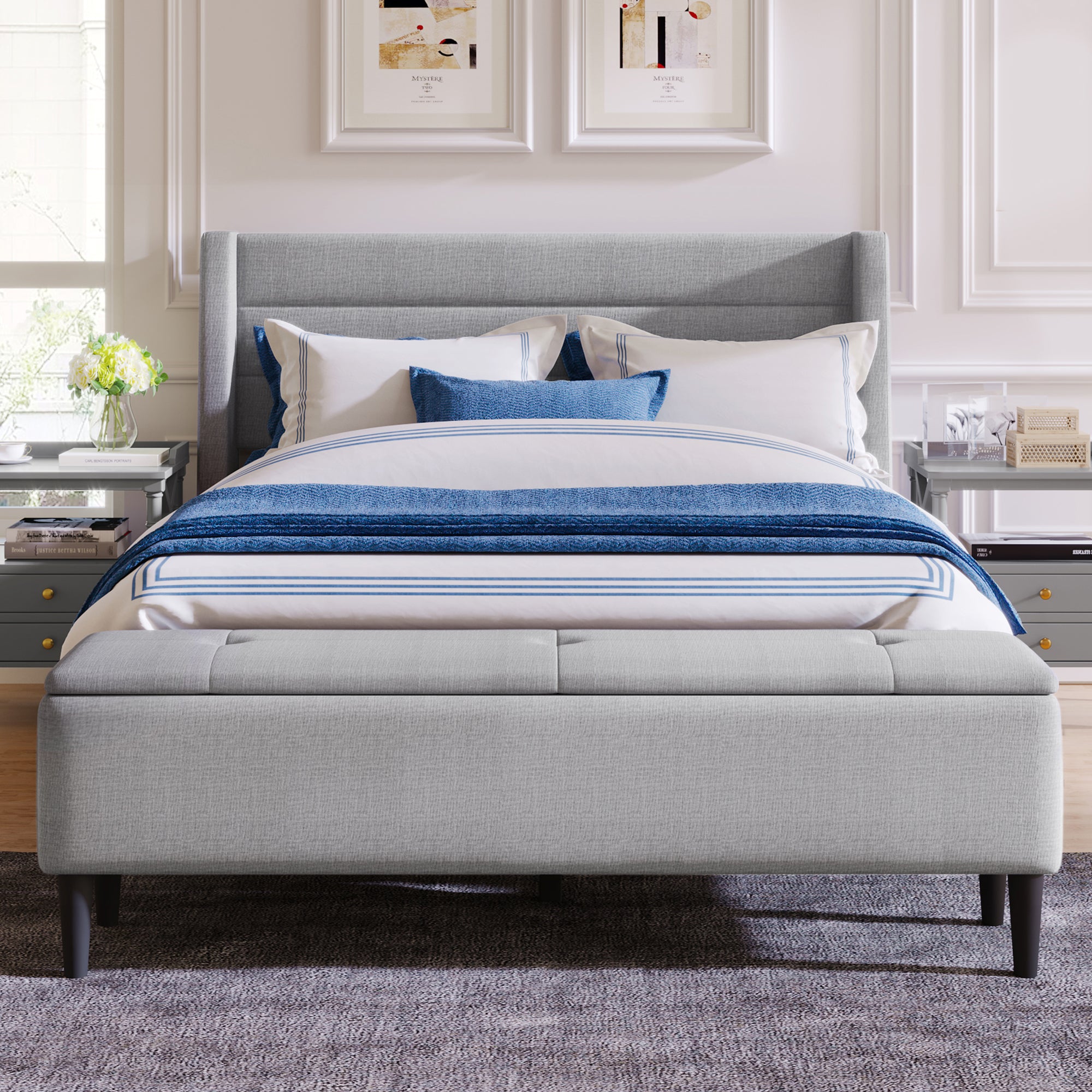 Royard Oaktree Queen Size Bed with Wing Back Headboard and Built-in Storage Ottoman Bench Linen Upholstered Platform Bed Frame with Wood Slats, No Box Spring Needed