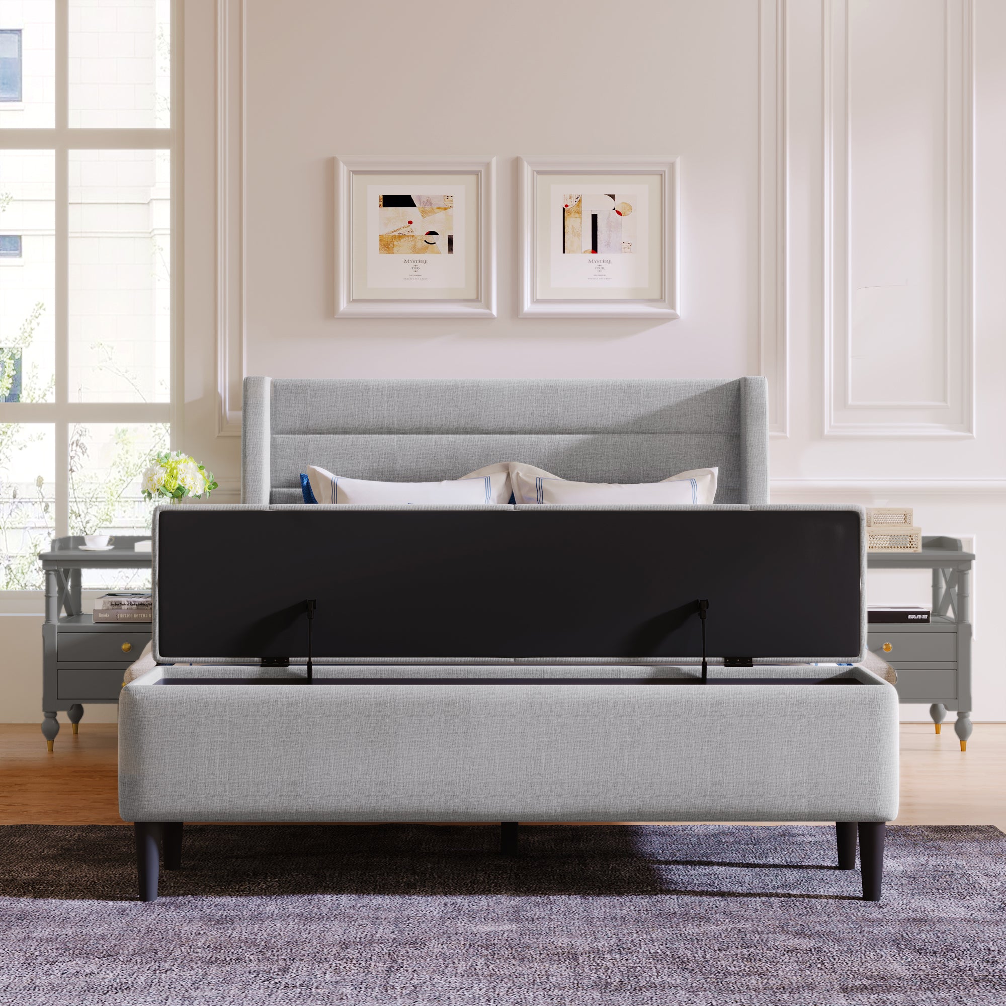 Royard Oaktree Queen Size Bed with Wing Back Headboard and Built-in Storage Ottoman Bench Linen Upholstered Platform Bed Frame with Wood Slats, No Box Spring Needed