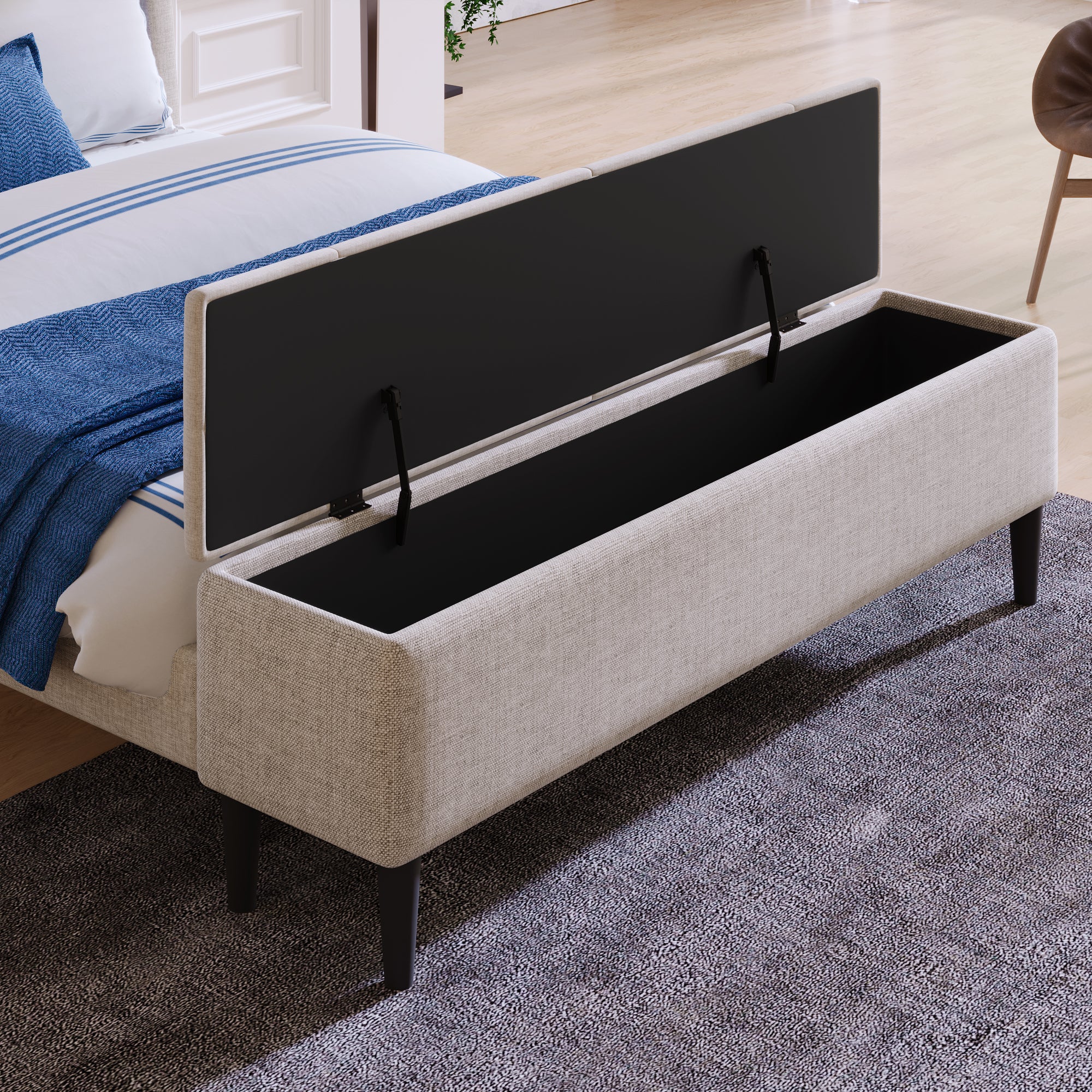 Royard Oaktree Queen Size Bed with Wing Back Headboard and Built-in Storage Ottoman Bench Linen Upholstered Platform Bed Frame with Wood Slats, No Box Spring Needed