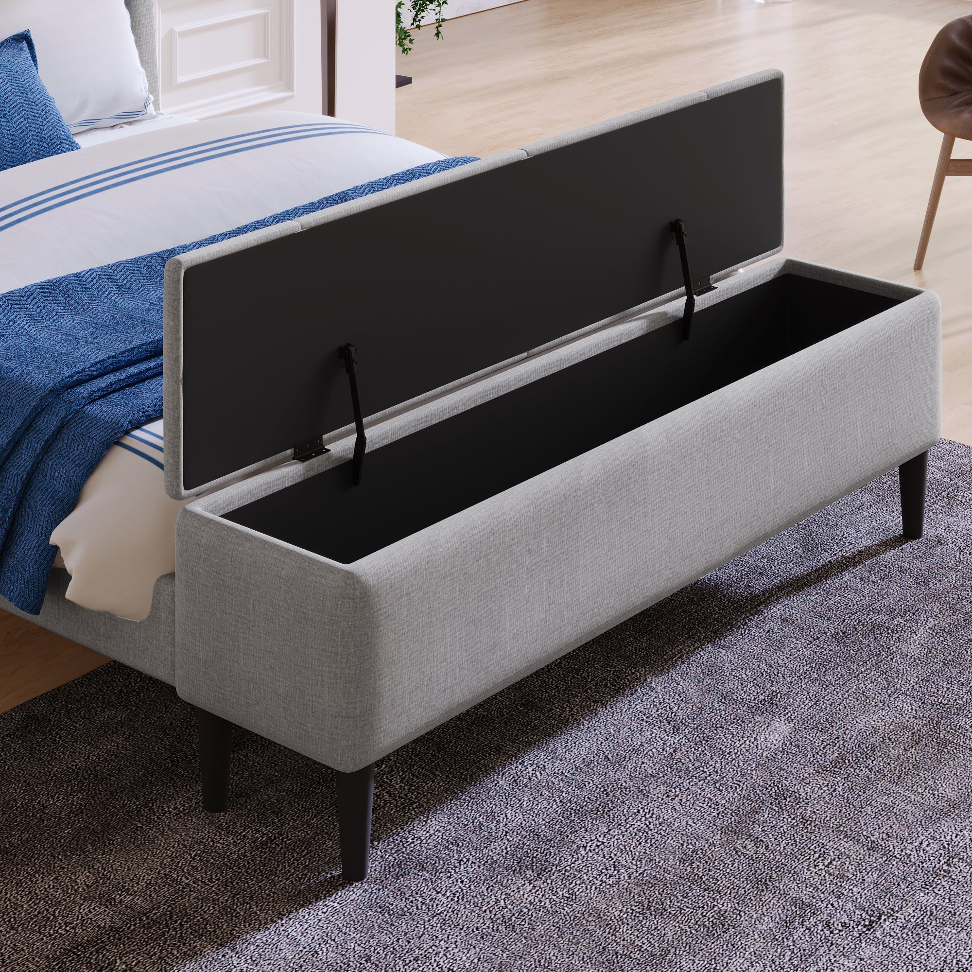 Royard Oaktree Queen Size Bed with Wing Back Headboard and Built-in Storage Ottoman Bench Linen Upholstered Platform Bed Frame with Wood Slats, No Box Spring Needed