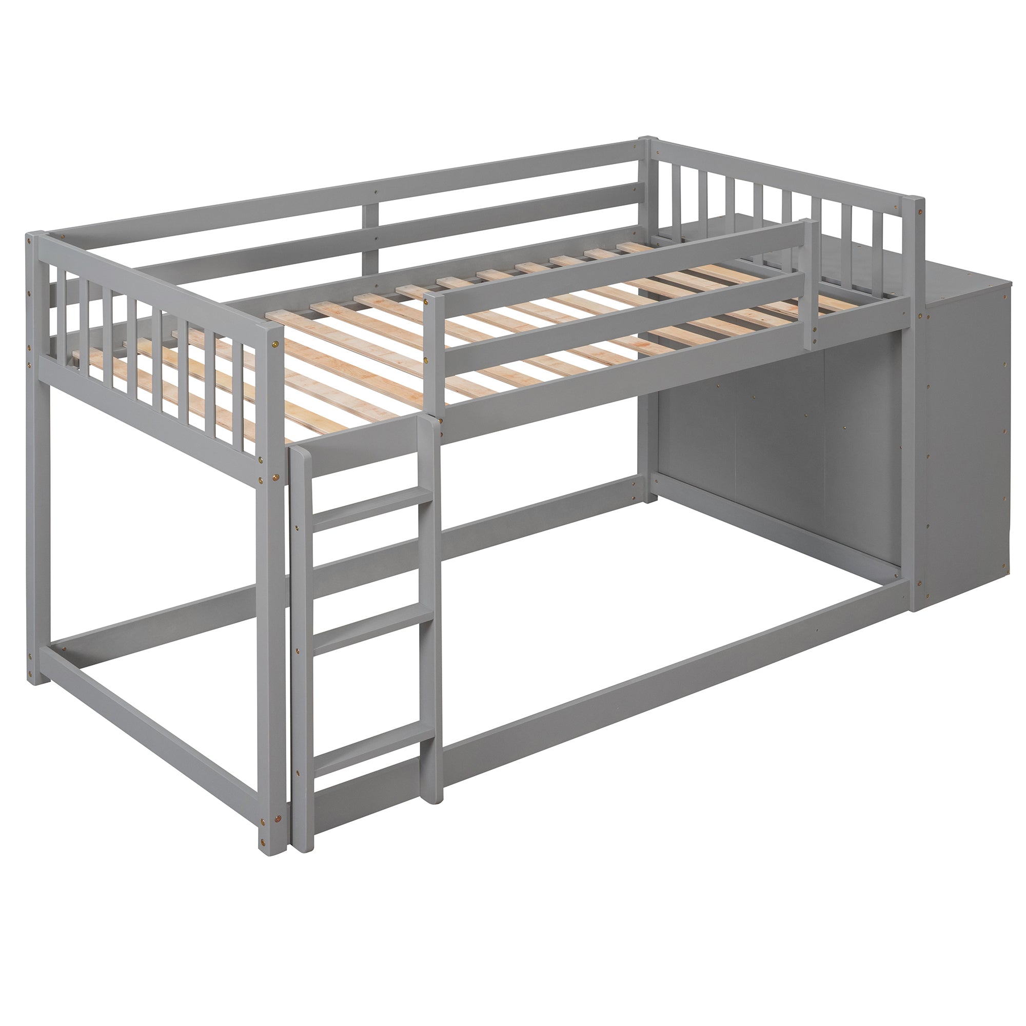 Royard Oaktree Twin over Twin Bunk Bed with Storage Cabinet Wood Bunk Bed Frame with Guardrail and Ladder, 4 Drawers and 3 Shelves