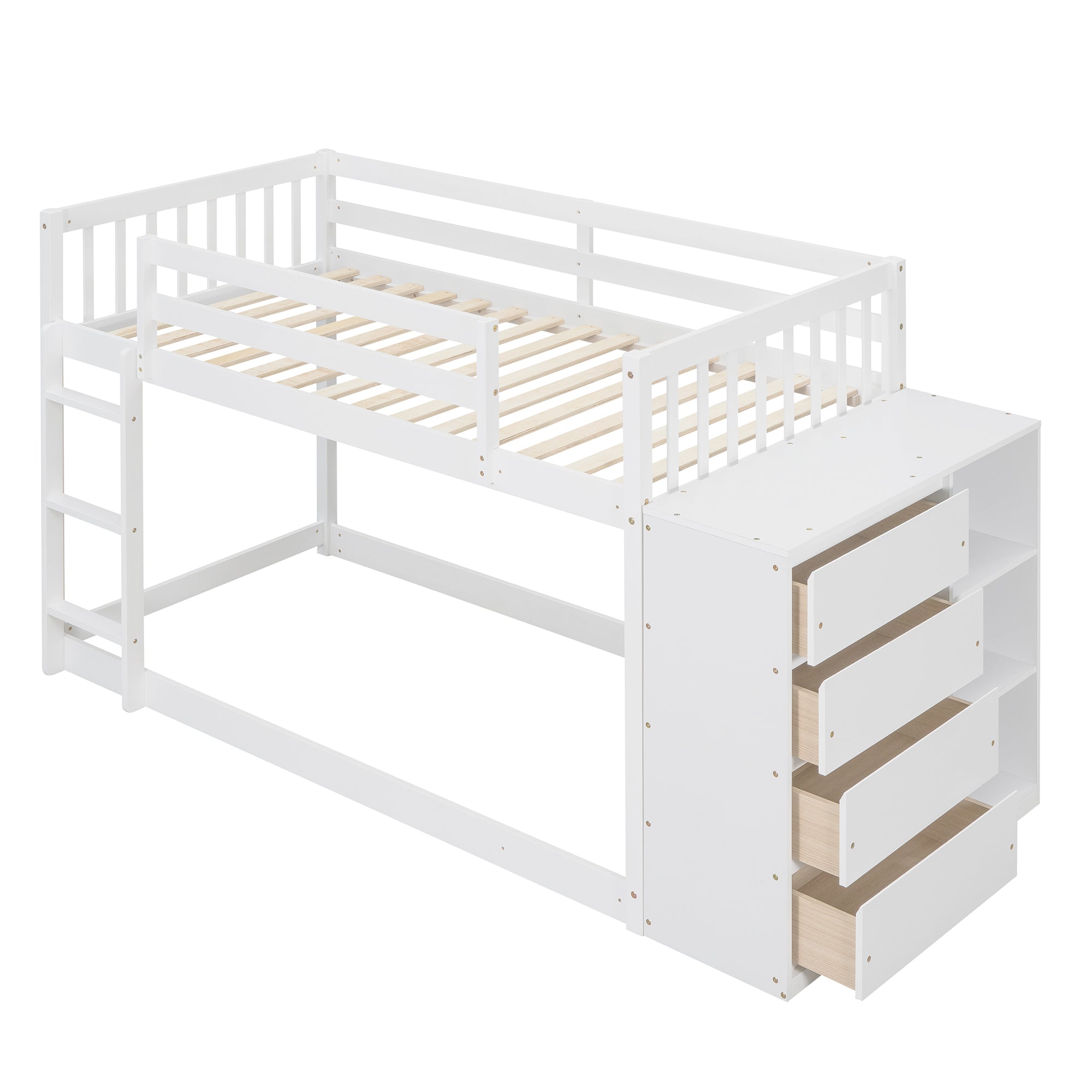 Royard Oaktree Twin over Twin Bunk Bed with Storage Cabinet Wood Bunk Bed Frame with Guardrail and Ladder, 4 Drawers and 3 Shelves