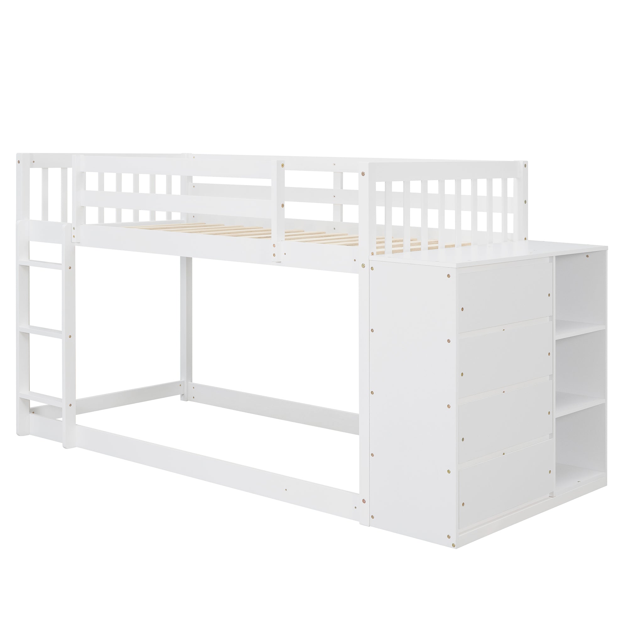 Royard Oaktree Twin over Twin Bunk Bed with Storage Cabinet Wood Bunk Bed Frame with Guardrail and Ladder, 4 Drawers and 3 Shelves