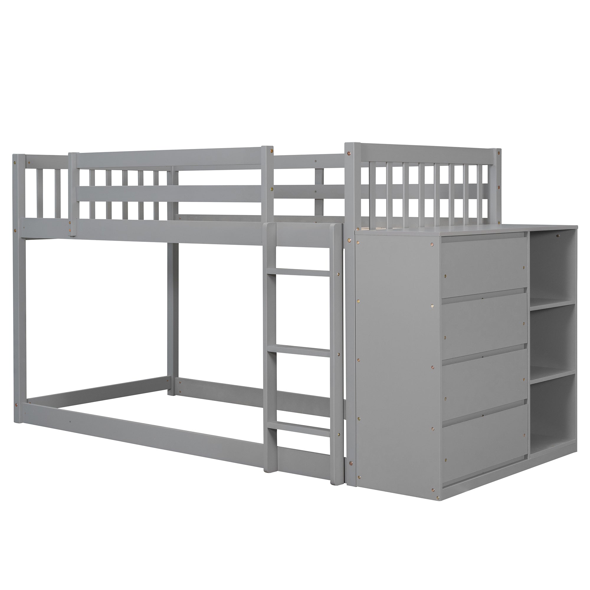 Royard Oaktree Twin Over Twin House Bunk Bed Wood Bed Frame with Roof and Window Modern Low Bunk Bed with Guardrail and Ladder