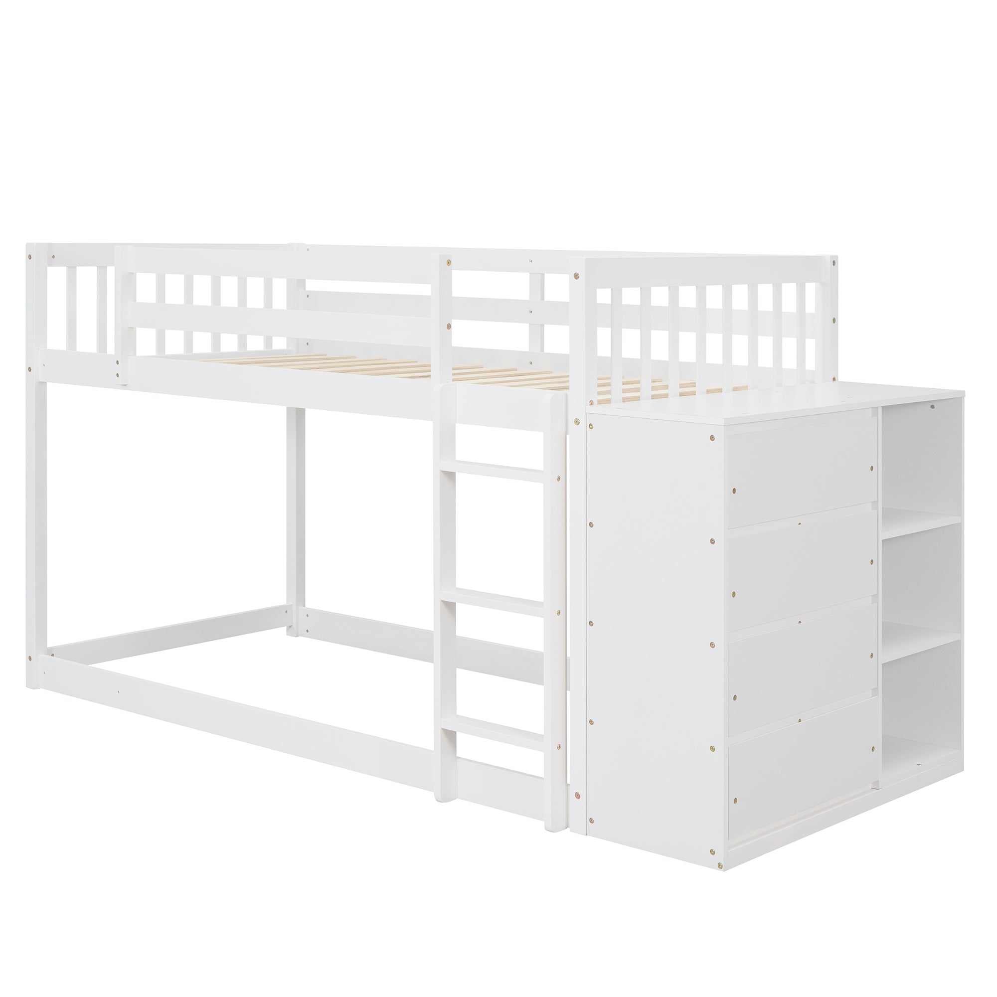 Royard Oaktree Twin over Twin Bunk Bed with Storage Cabinet Wood Bunk Bed Frame with Guardrail and Ladder, 4 Drawers and 3 Shelves