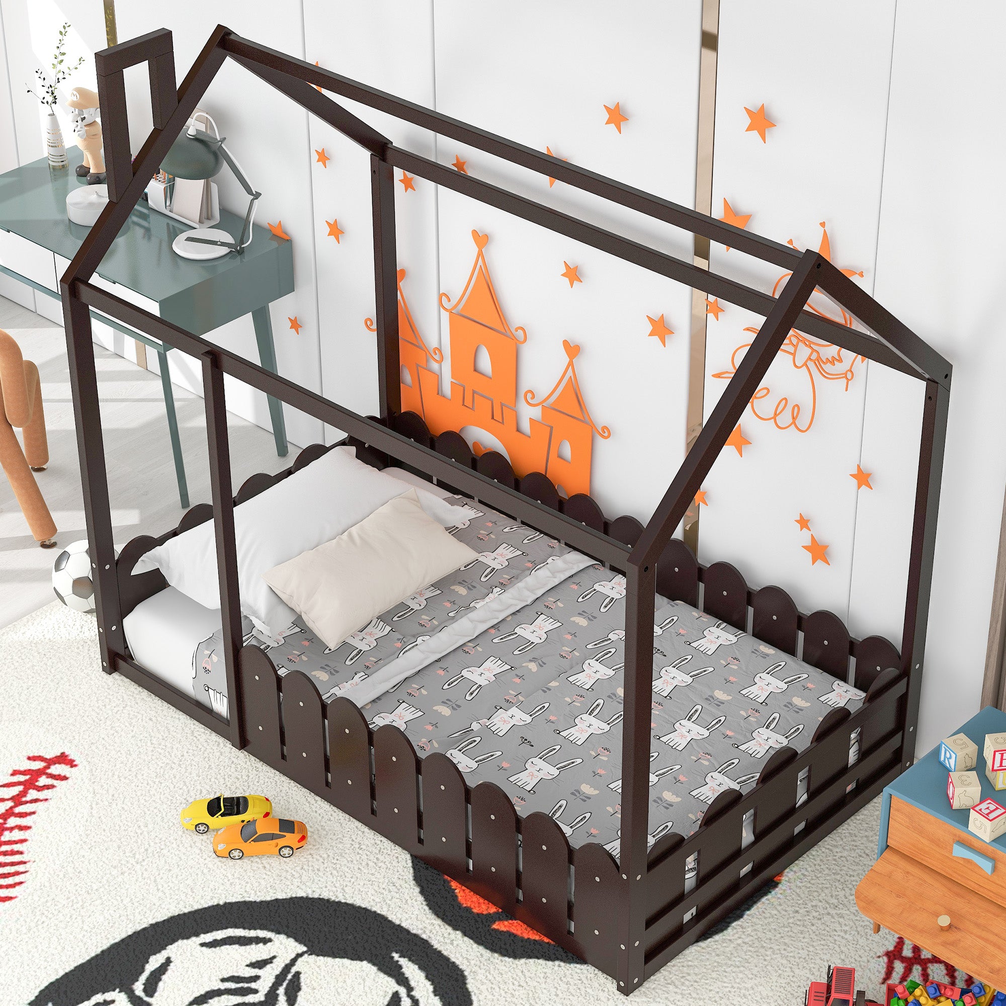 Royard Oaktree Twin Size Wood Bed House Bed Frame with Fence, for Kids, Teens, Girls, Boys, Slats are not included