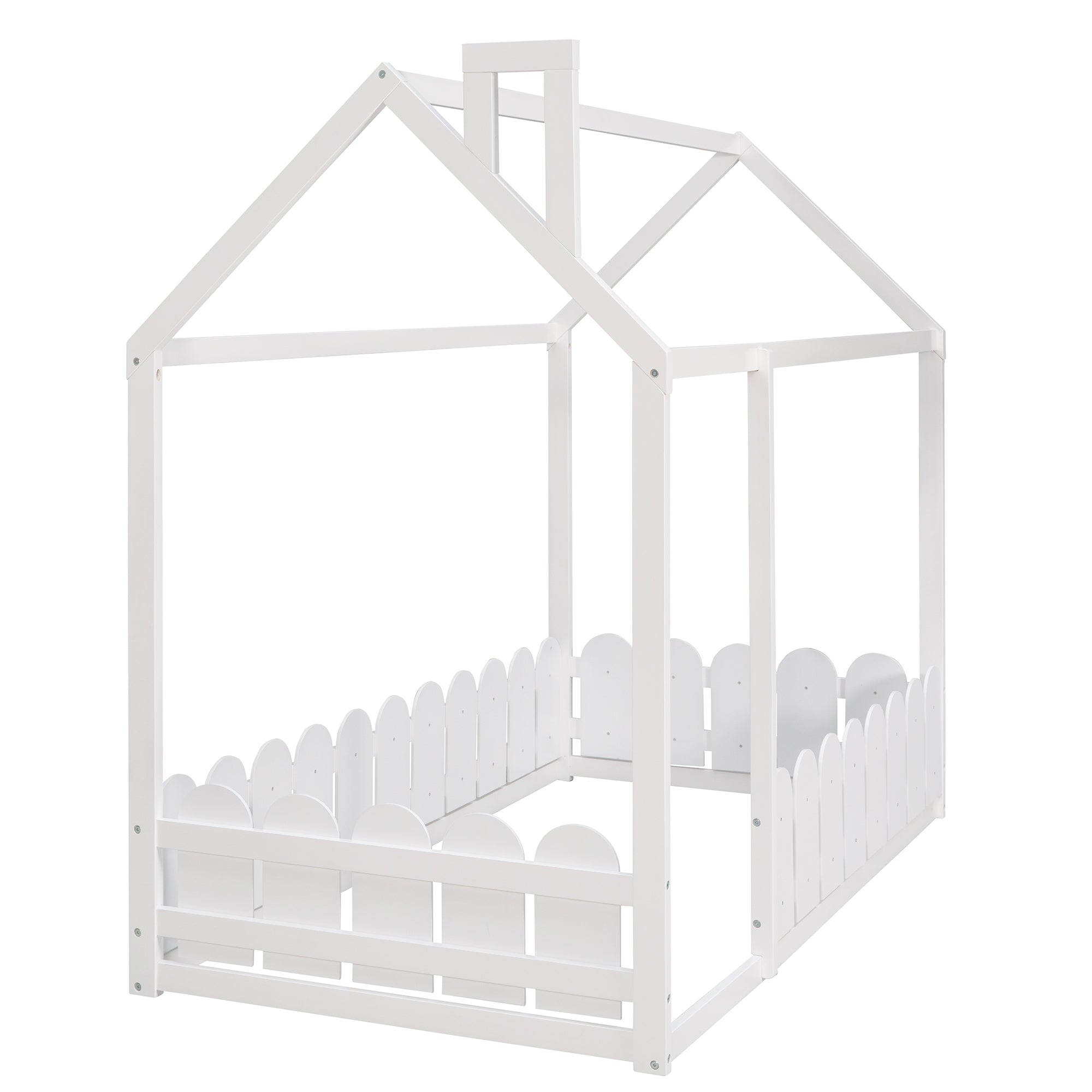 Royard Oaktree Twin Size Wood Bed House Bed Frame with Fence, for Kids, Teens, Girls, Boys, Slats are not included