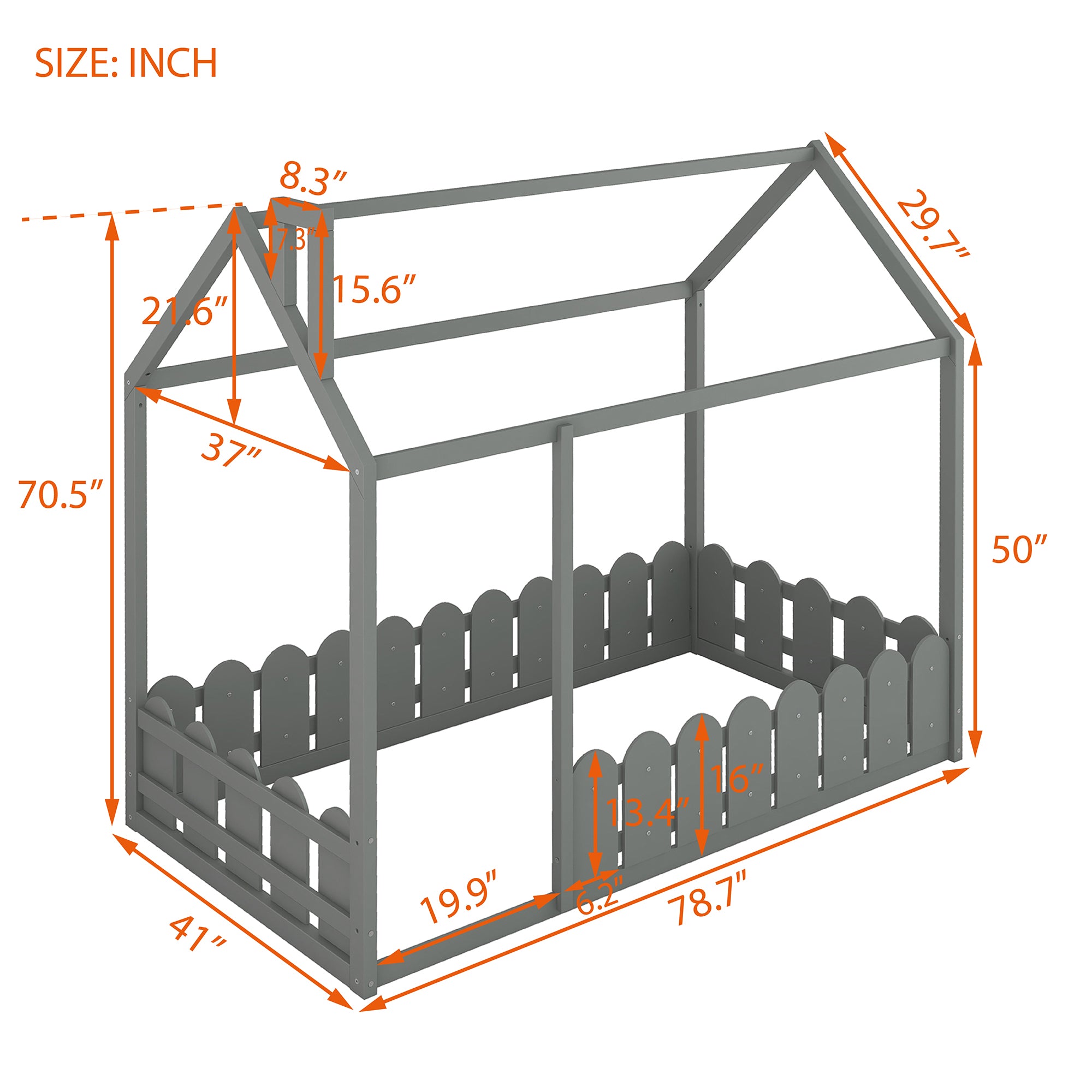 Royard Oaktree Twin Size Wood Bed House Bed Frame with Fence, for Kids, Teens, Girls, Boys, Slats are not included