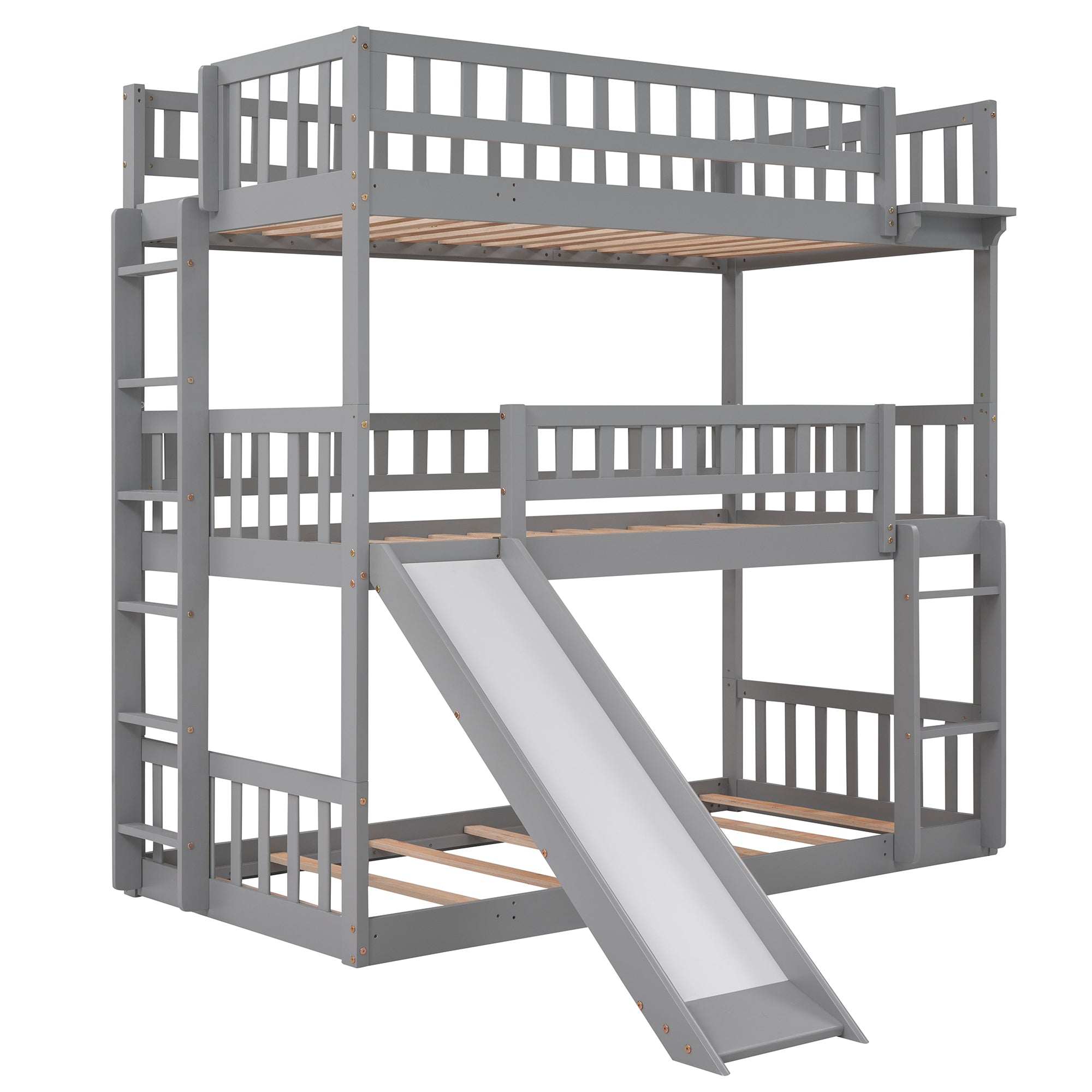 Royard Oaktree Twin-Over-Twin-Over-Twin Triple Bed with Built-in Ladder and Slide, Wood Triple Bunk Bed with Guardrails, Can Be Converted Into 3 Beds