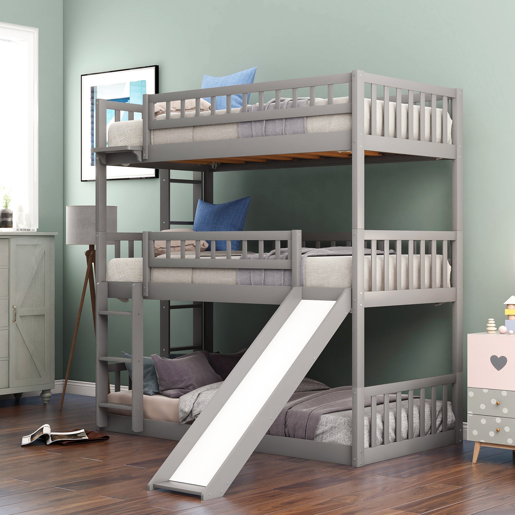 Royard Oaktree Twin-Over-Twin-Over-Twin Triple Bed with Built-in Ladder and Slide, Wood Triple Bunk Bed with Guardrails, Can Be Converted Into 3 Beds