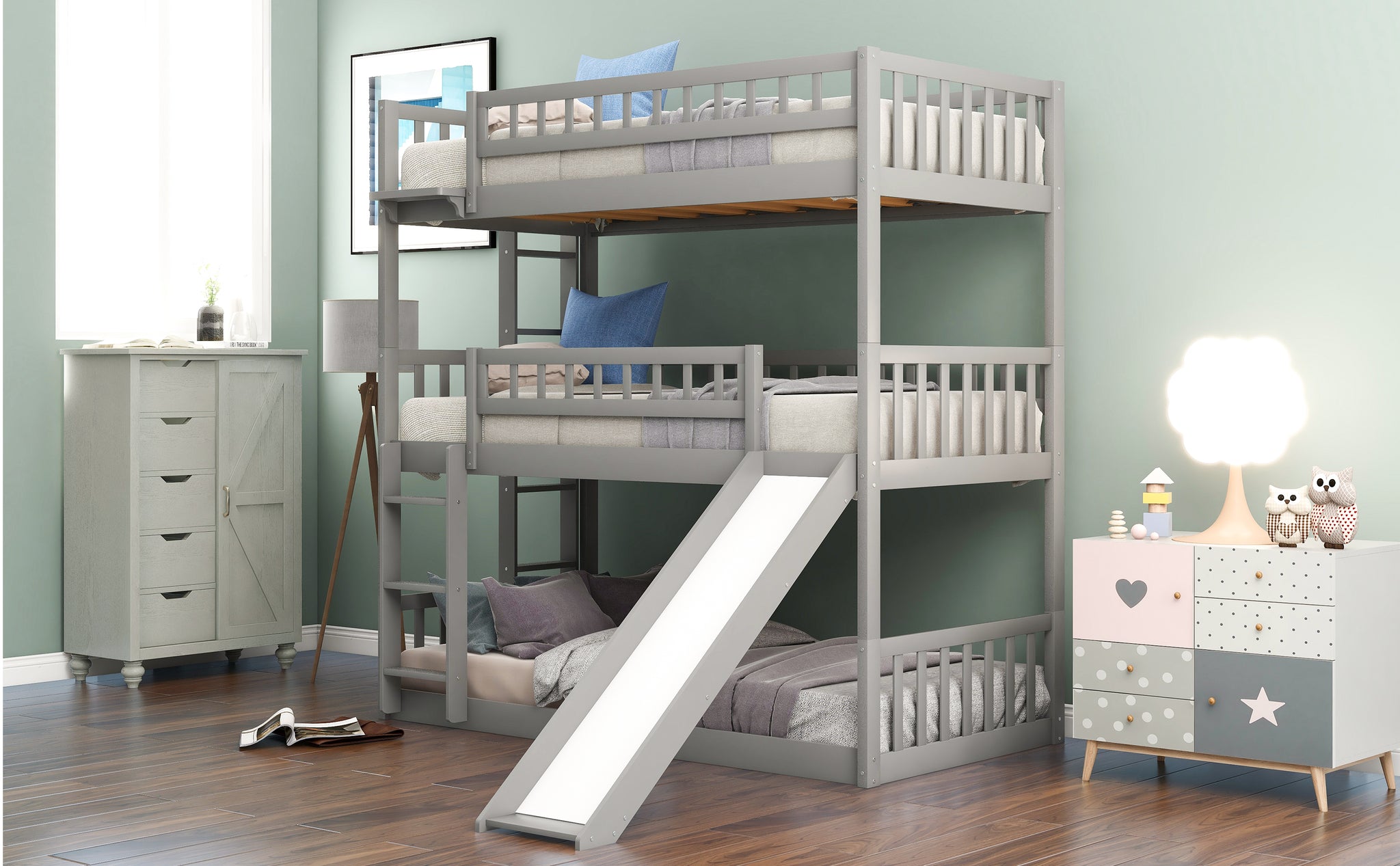 Royard Oaktree Twin-Over-Twin-Over-Twin Triple Bed with Built-in Ladder and Slide, Wood Triple Bunk Bed with Guardrails, Can Be Converted Into 3 Beds