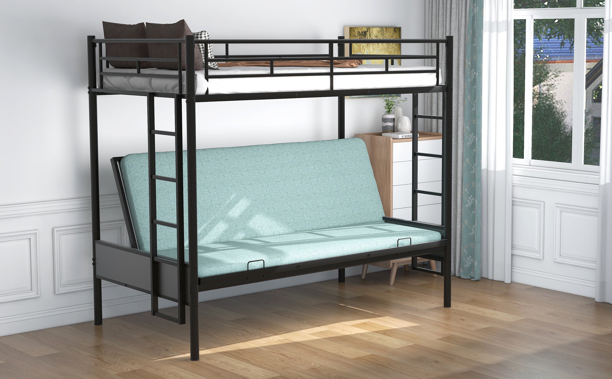 Royard Oaktree Twin over Full Metal Bunk Bed with Ladder and Guardrails, Down Bed Can be Converted Into Daybed, Multi-Function, Black