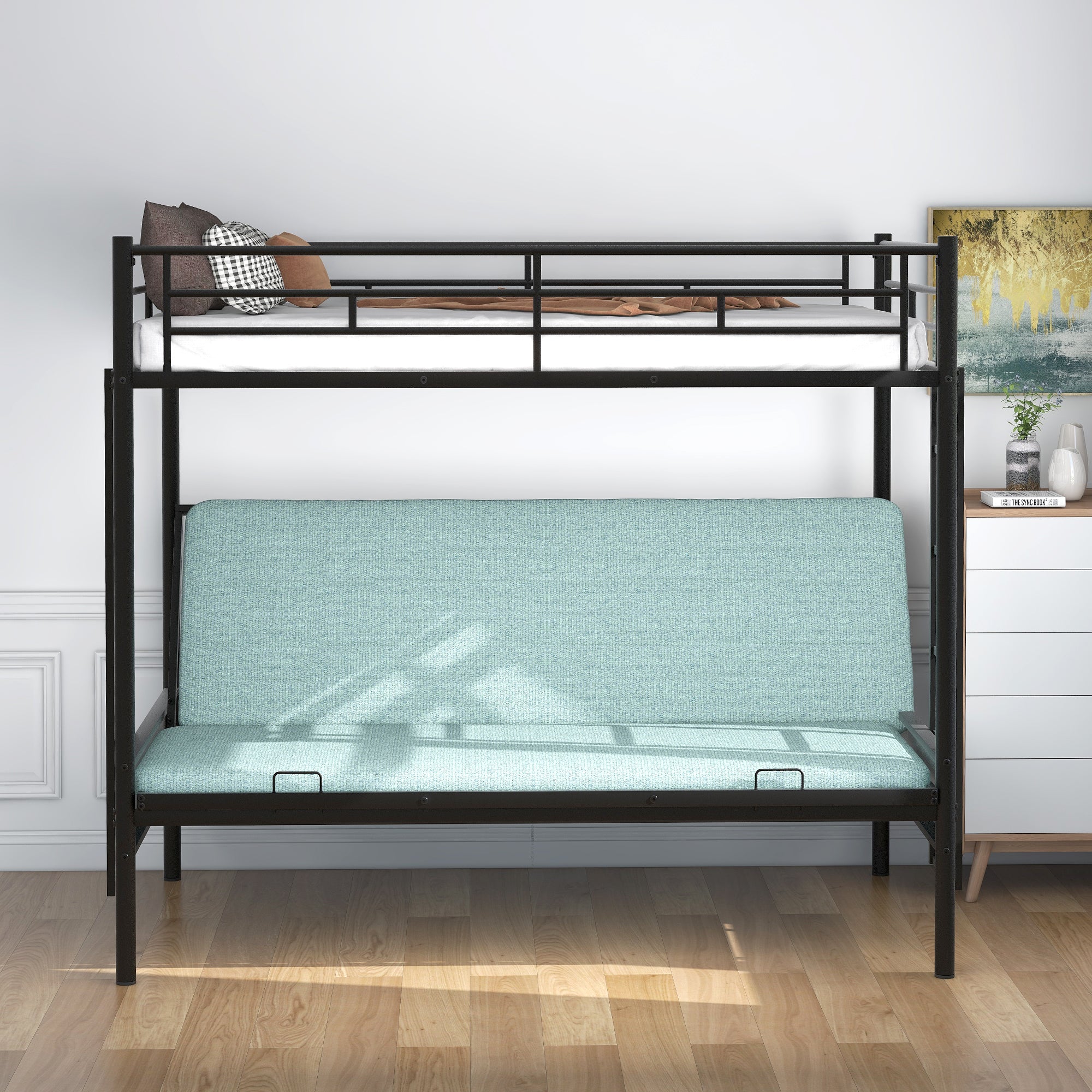 Royard Oaktree Twin over Full Metal Bunk Bed with Ladder and Guardrails, Down Bed Can be Converted Into Daybed, Multi-Function, Black