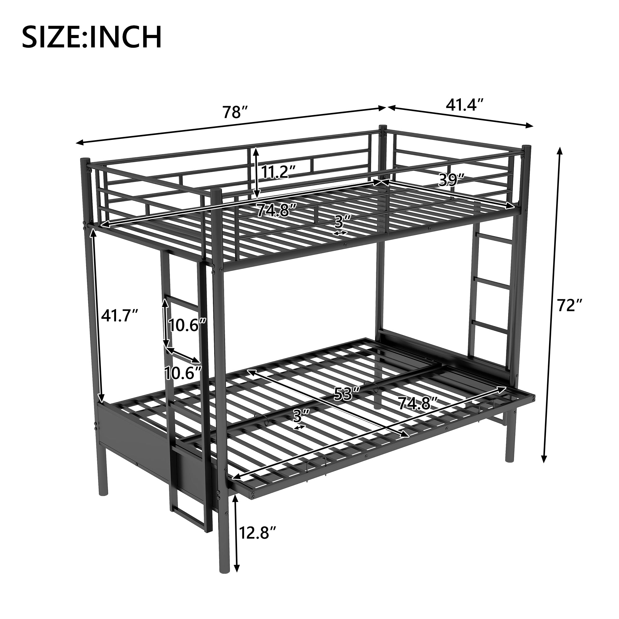 Royard Oaktree Twin over Full Metal Bunk Bed with Ladder and Guardrails, Down Bed Can be Converted Into Daybed, Multi-Function, Black