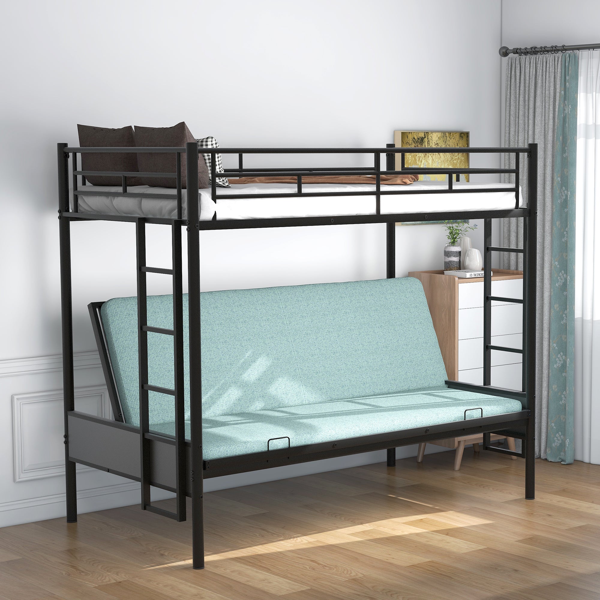 Royard Oaktree Twin over Full Metal Bunk Bed with Ladder and Guardrails, Down Bed Can be Converted Into Daybed, Multi-Function, Black