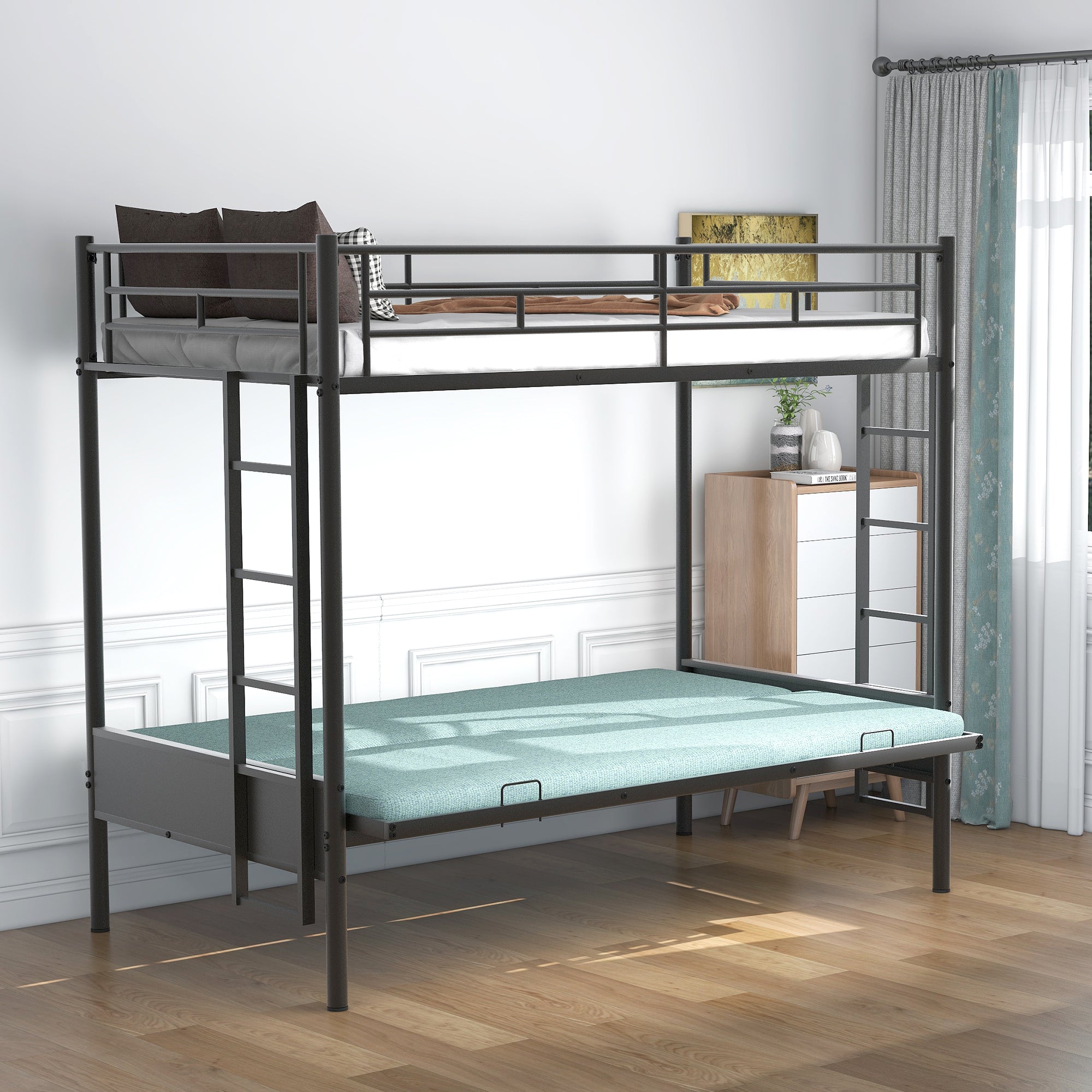 Royard Oaktree Twin over Full Metal Bunk Bed with Ladder and Guardrails, Down Bed Can be Converted Into Daybed, Multi-Function, Black