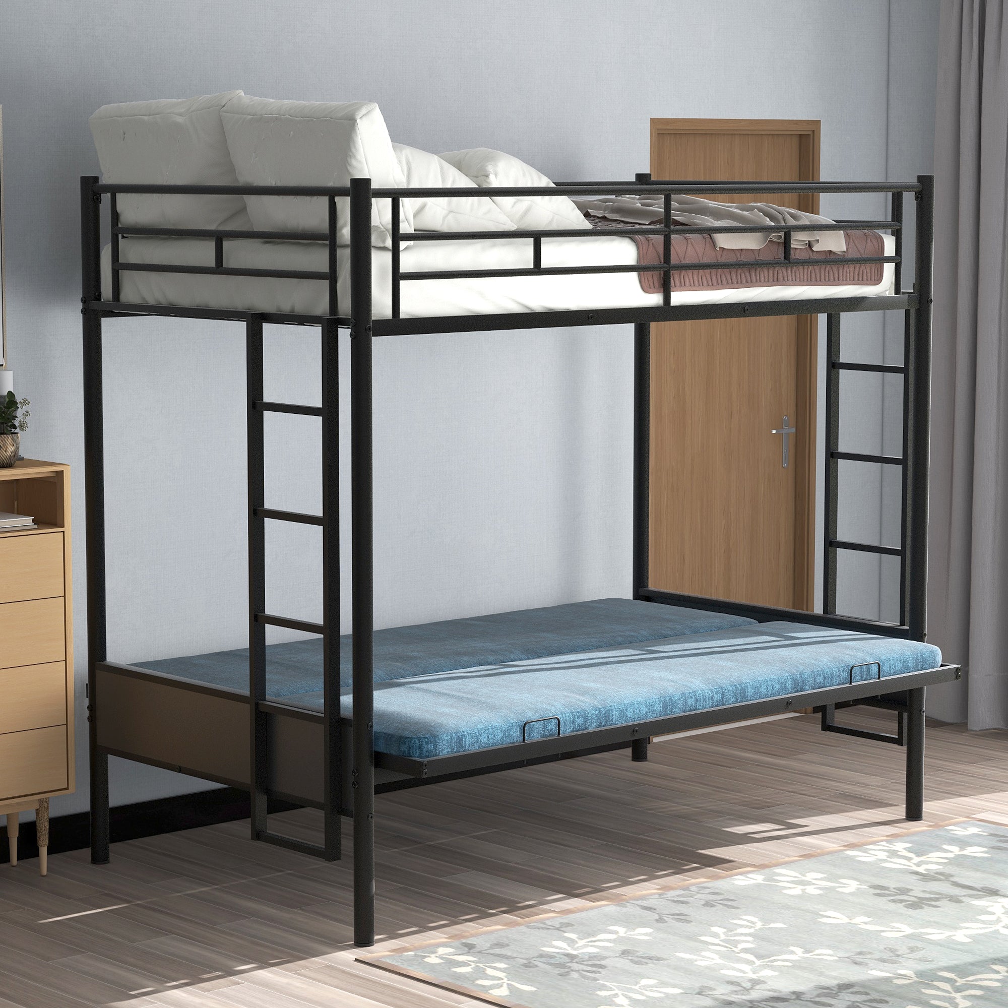 Royard Oaktree Twin over Full Metal Bunk Bed with Ladder and Guardrails, Down Bed Can be Converted Into Daybed, Multi-Function, Black