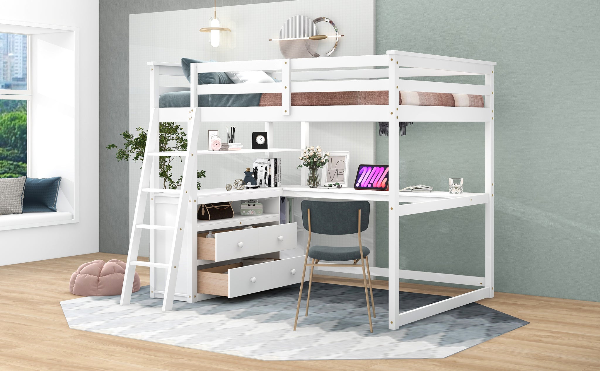 Royard Oaktree Full Size Loft Bed with Desk Shelves and Two Built-in Drawers Wooden Loft Bed Frame with Ladder and Guardrails