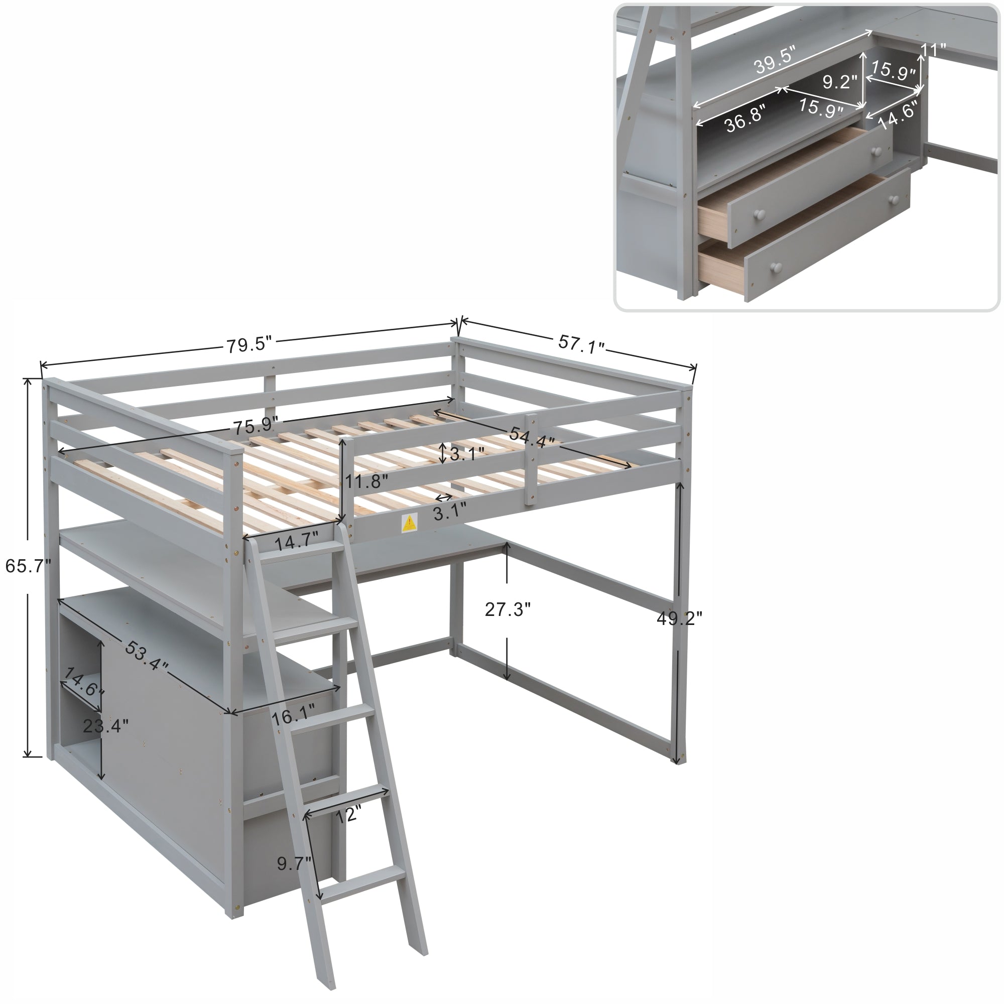 Royard Oaktree Full Size Loft Bed with Desk Shelves and Two Built-in Drawers Wooden Loft Bed Frame with Ladder and Guardrails