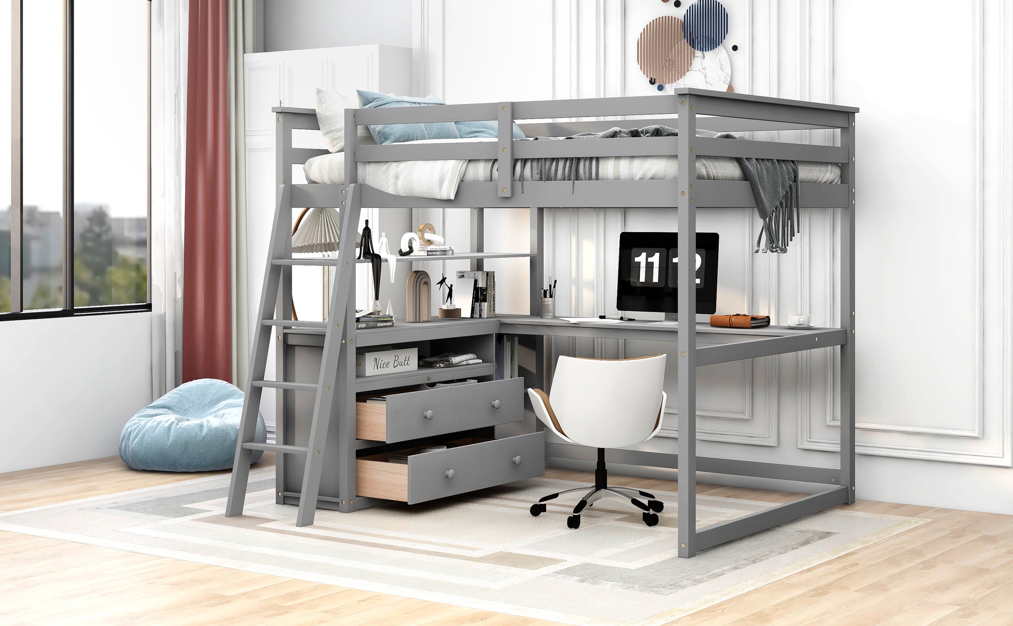 Royard Oaktree Full Size Loft Bed with Desk Shelves and Two Built-in Drawers Wooden Loft Bed Frame with Ladder and Guardrails