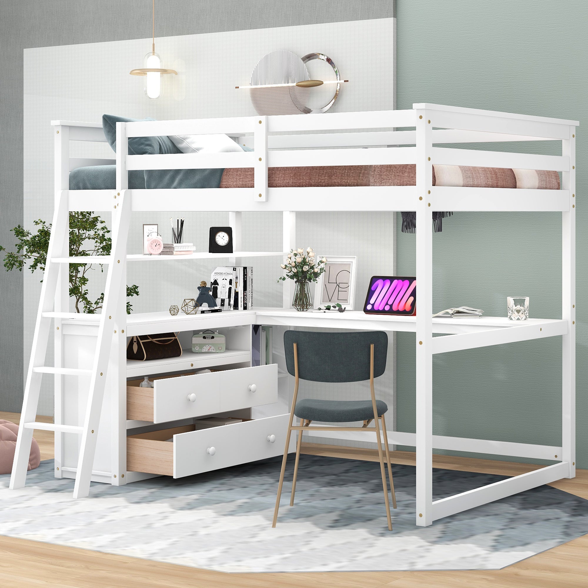 Royard Oaktree Full Size Loft Bed with Desk Shelves and Two Built-in Drawers Wooden Loft Bed Frame with Ladder and Guardrails