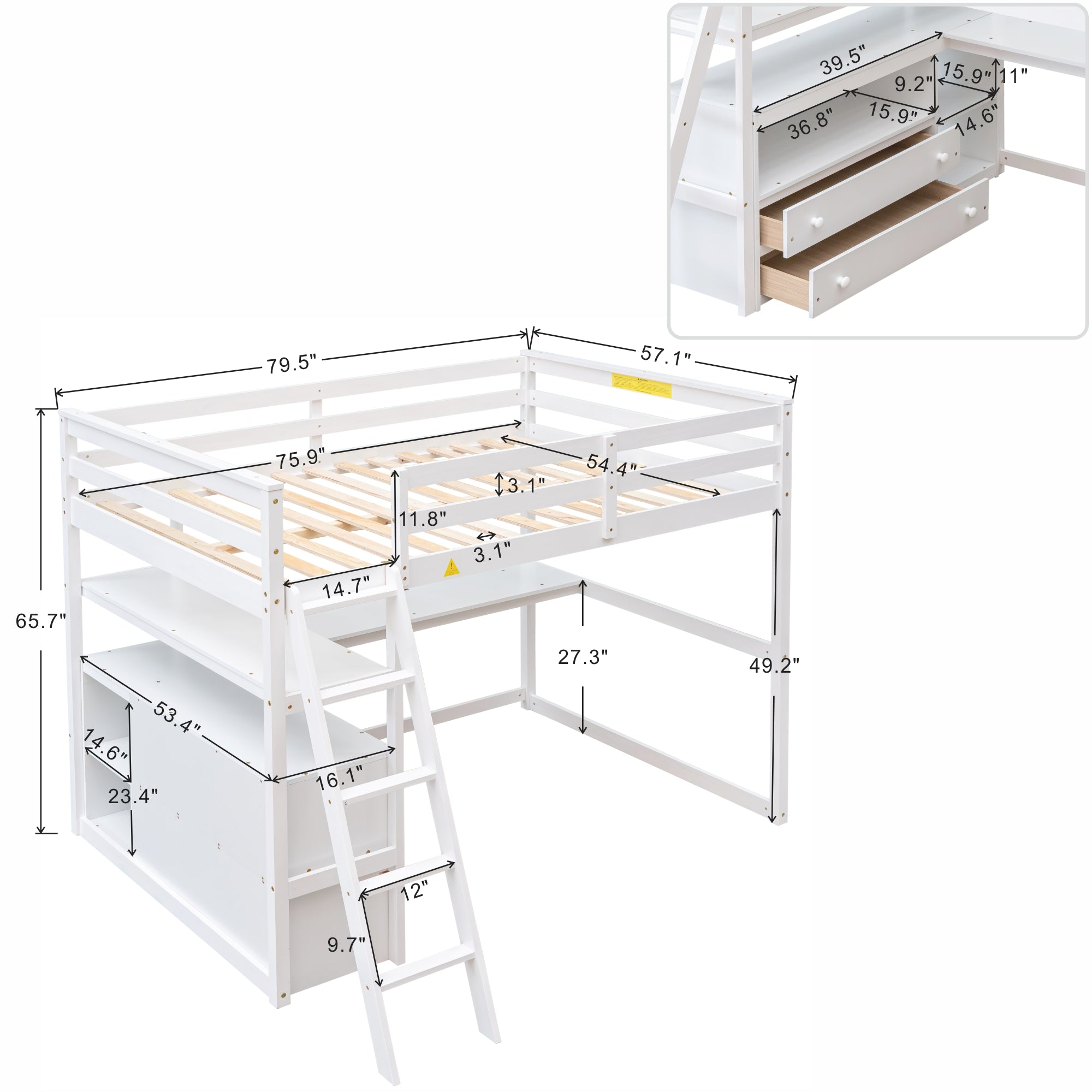 Royard Oaktree Full Size Loft Bed with Desk Shelves and Two Built-in Drawers Wooden Loft Bed Frame with Ladder and Guardrails