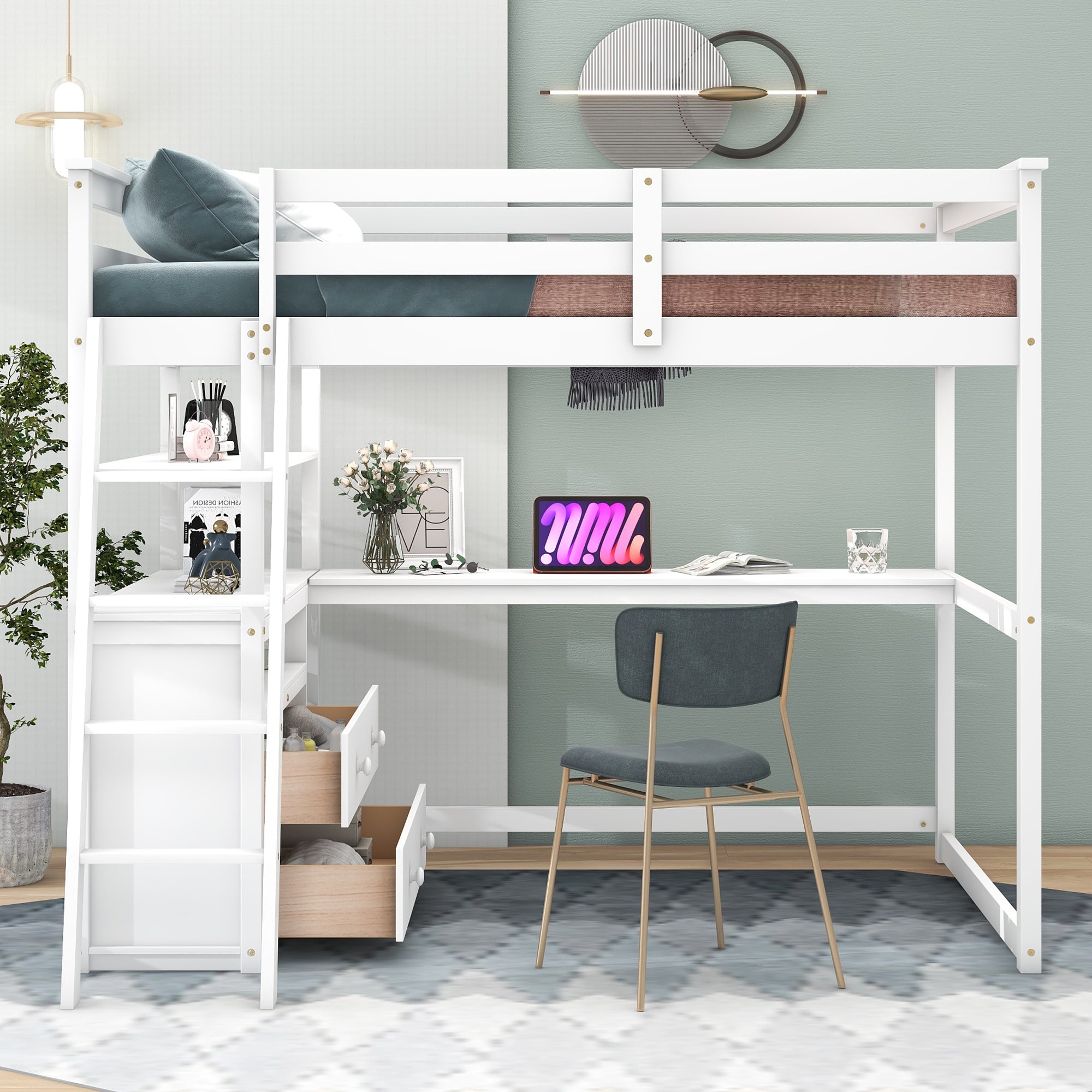 Royard Oaktree Full Size Loft Bed with Desk Shelves and Two Built-in Drawers Wooden Loft Bed Frame with Ladder and Guardrails