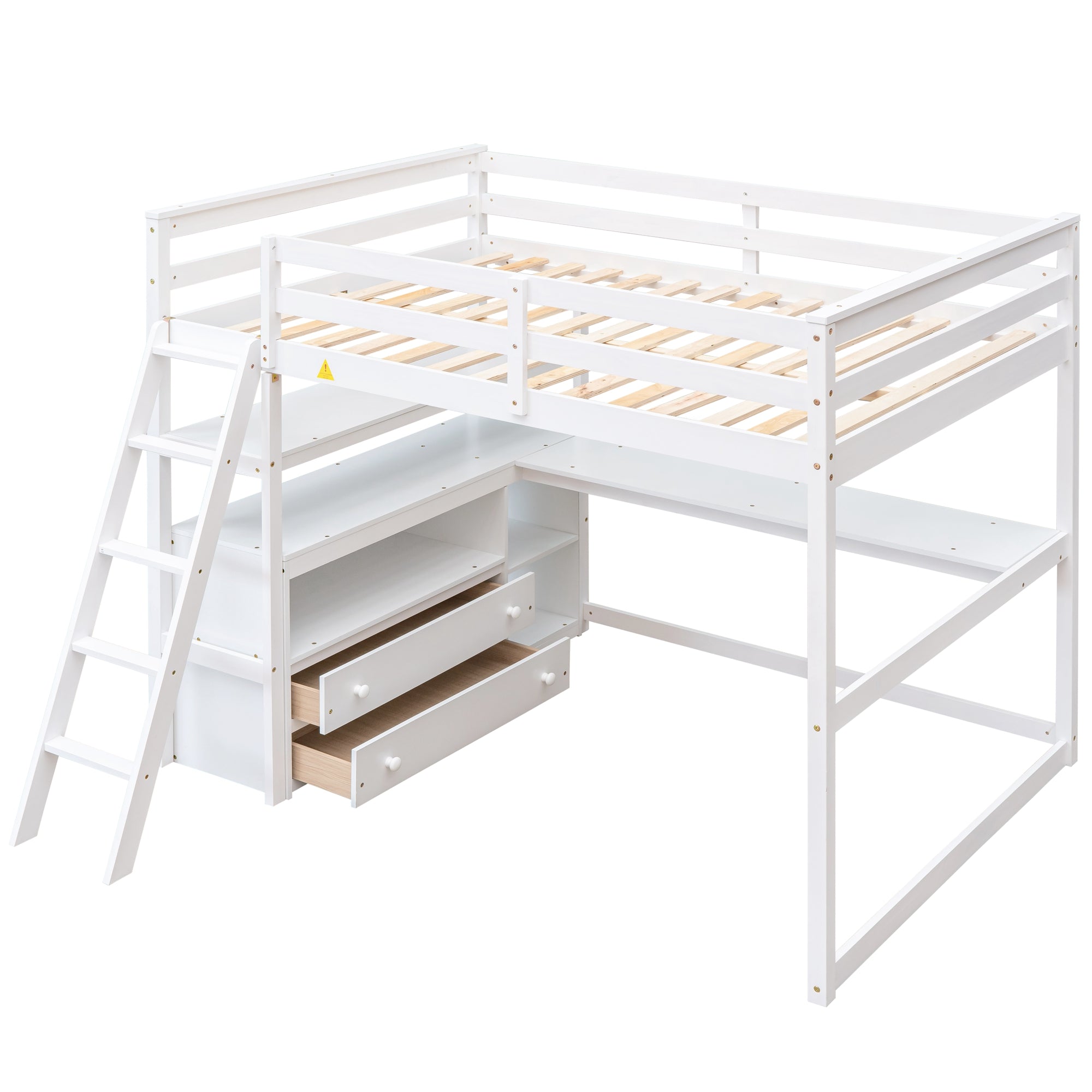 Royard Oaktree Full Size Loft Bed with Desk Shelves and Two Built-in Drawers Wooden Loft Bed Frame with Ladder and Guardrails