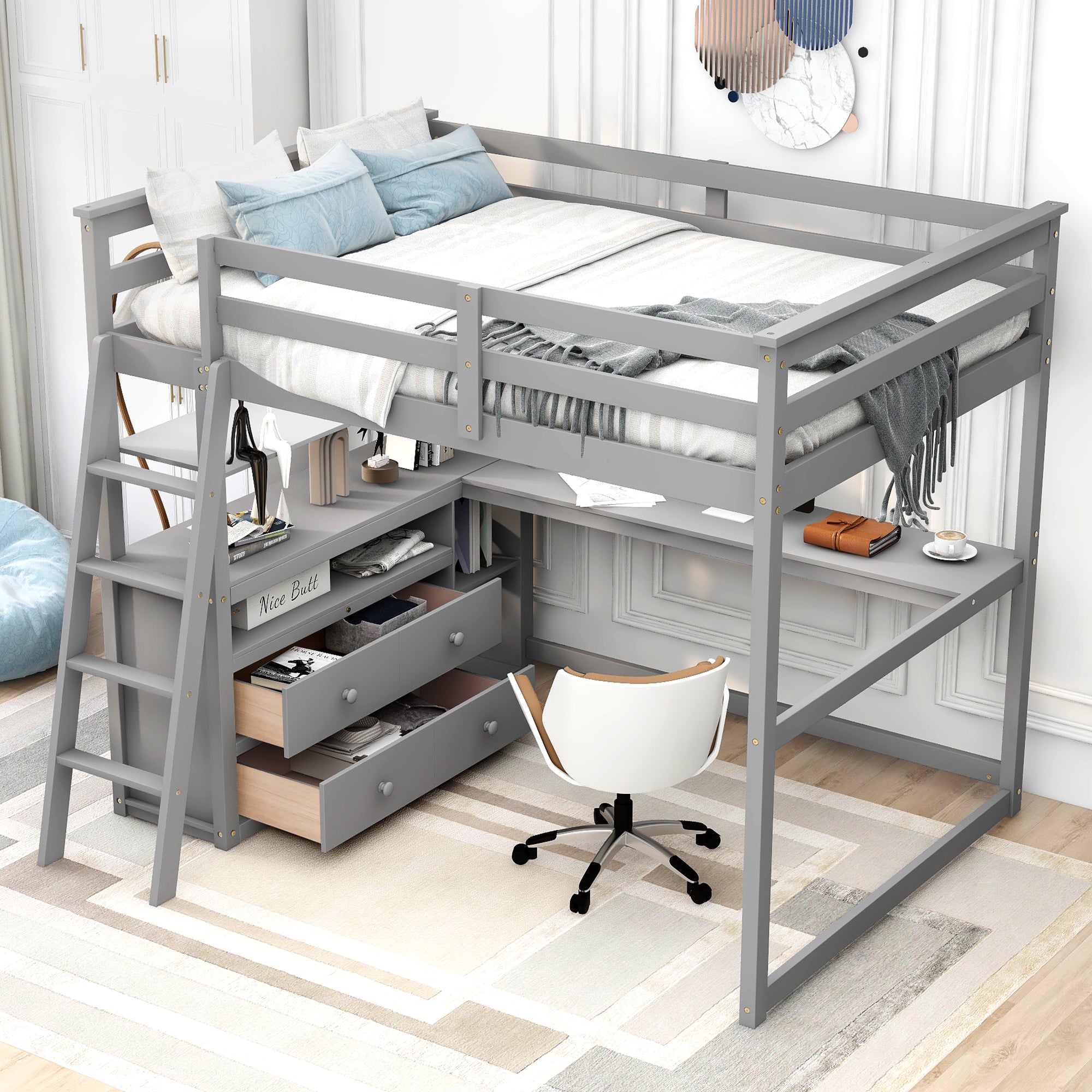 Royard Oaktree Full Size Loft Bed with Desk Shelves and Two Built-in Drawers Wooden Loft Bed Frame with Ladder and Guardrails