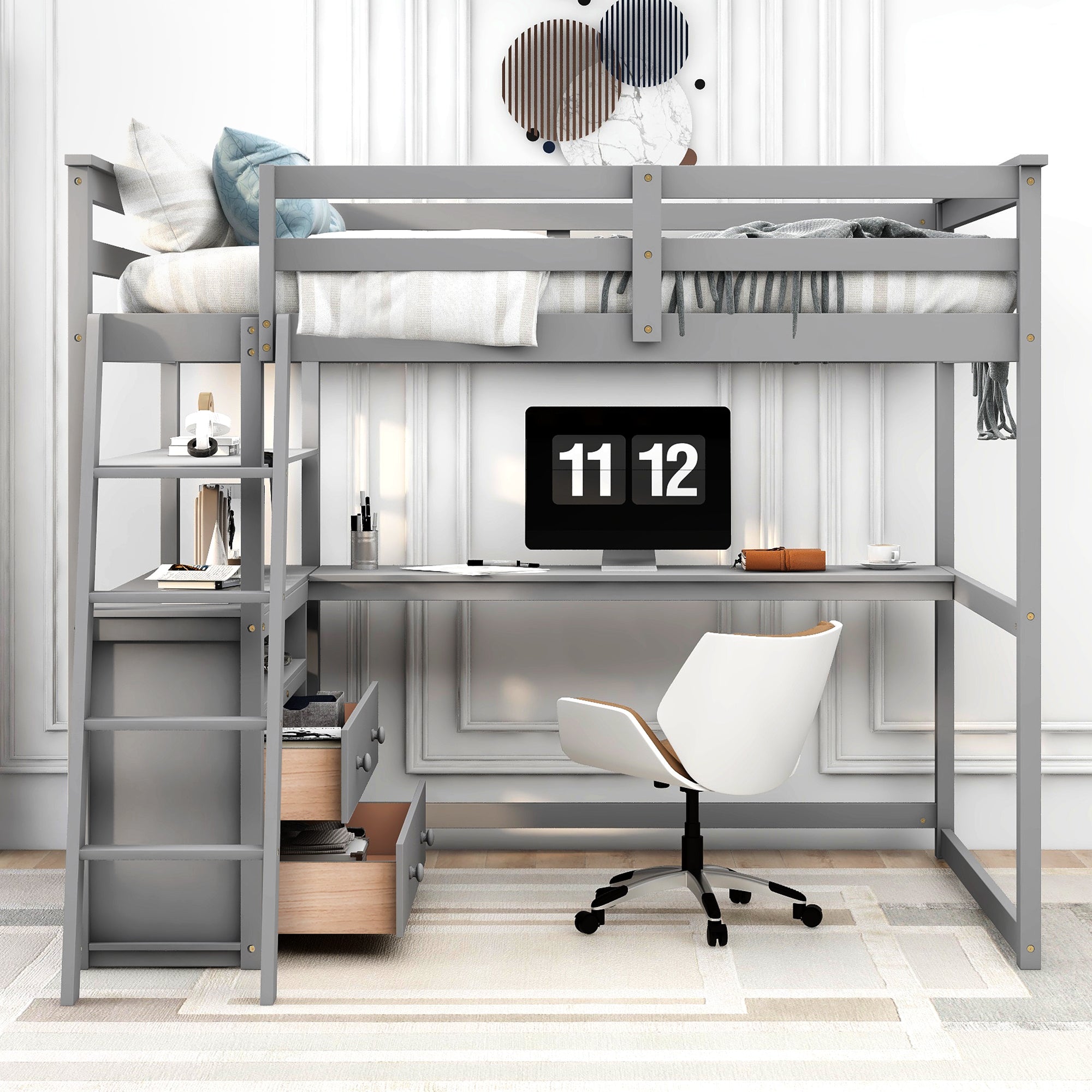 Royard Oaktree Full Size Loft Bed with Desk Shelves and Two Built-in Drawers Wooden Loft Bed Frame with Ladder and Guardrails