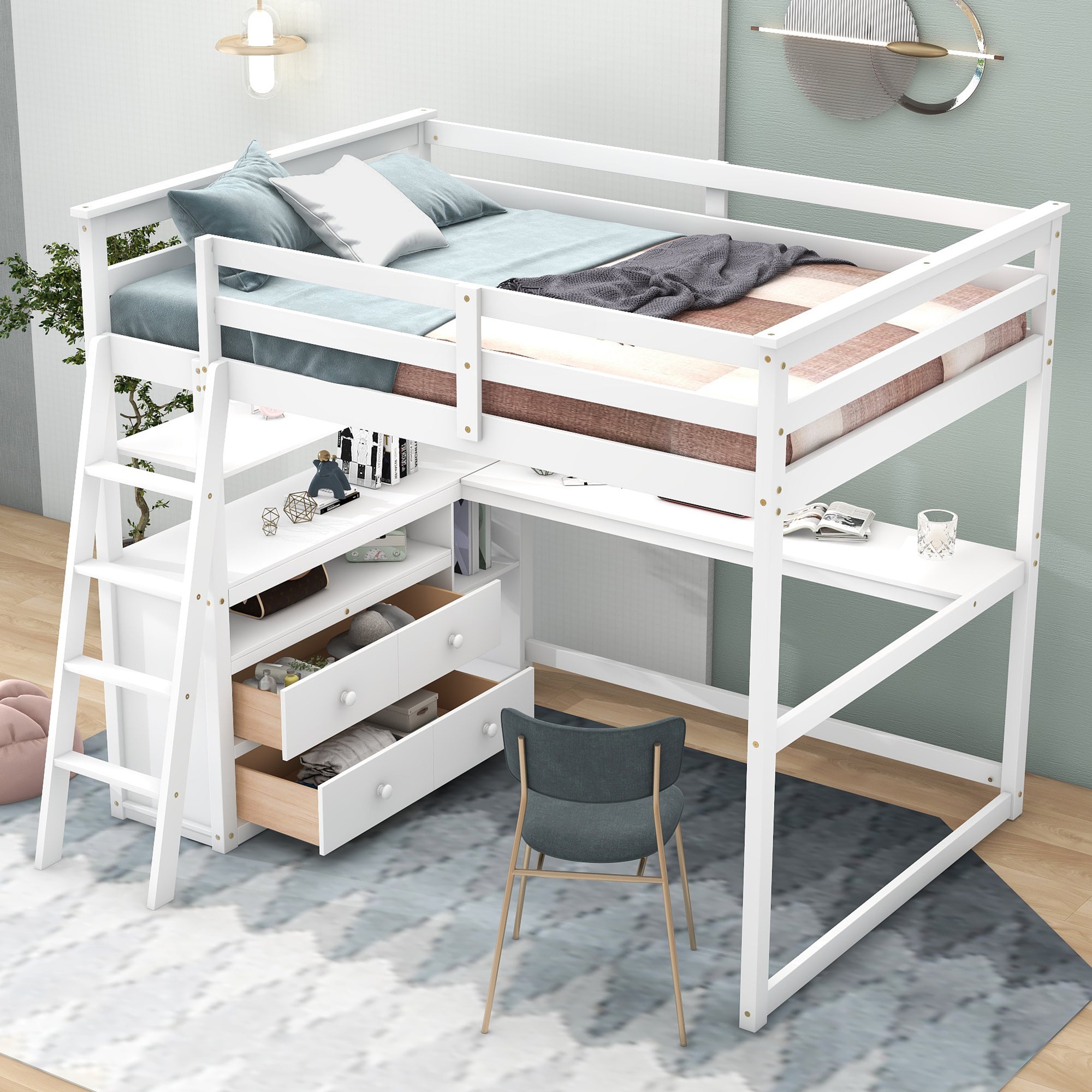 Royard Oaktree Full Size Loft Bed with Desk Shelves and Two Built-in Drawers Wooden Loft Bed Frame with Ladder and Guardrails