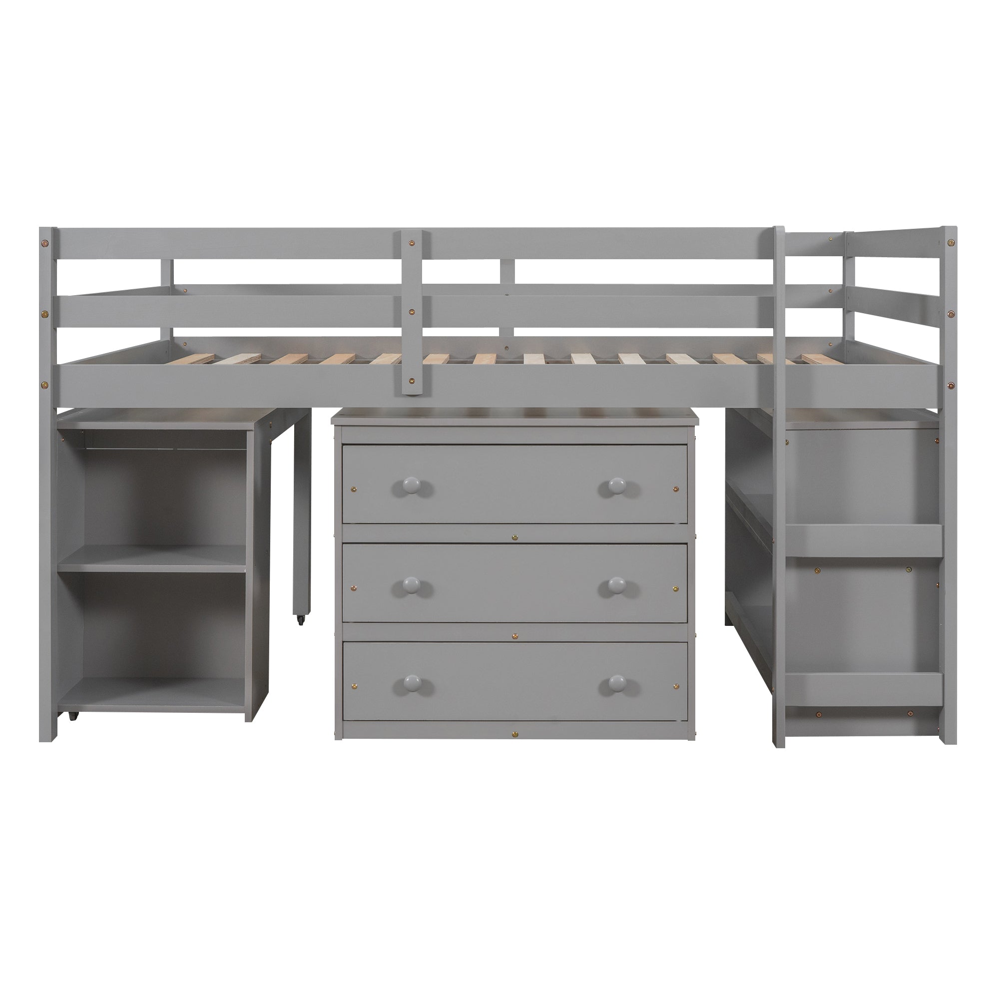 Royard Oaktree Loft Bed with Freestanding 3-Drawer Chest, Bookcase, and Rolling Portable Desk Wood Low Loft Bed Frame with Ladder and Guardrails