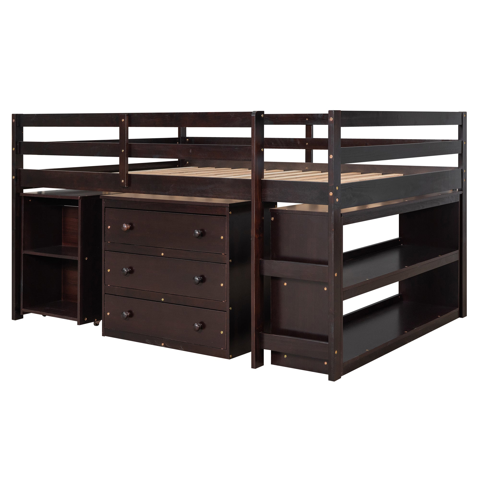 Royard Oaktree Loft Bed with Freestanding 3-Drawer Chest, Bookcase, and Rolling Portable Desk Wood Low Loft Bed Frame with Ladder and Guardrails