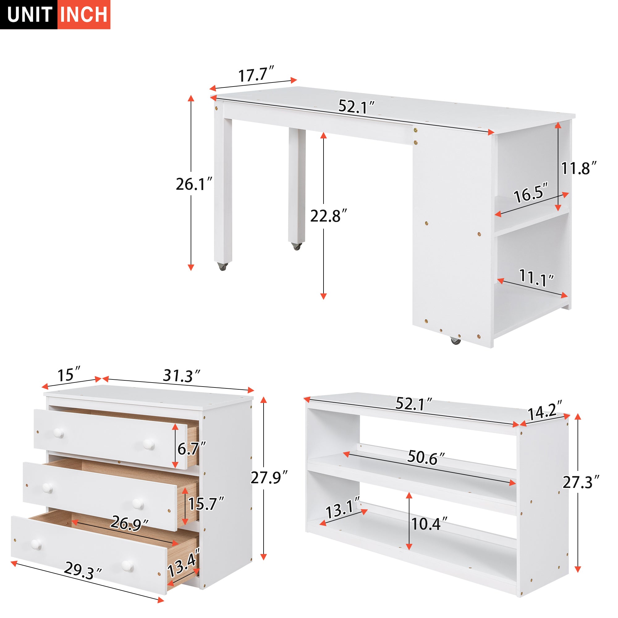 Royard Oaktree Loft Bed with Freestanding 3-Drawer Chest, Bookcase, and Rolling Portable Desk Wood Low Loft Bed Frame with Ladder and Guardrails