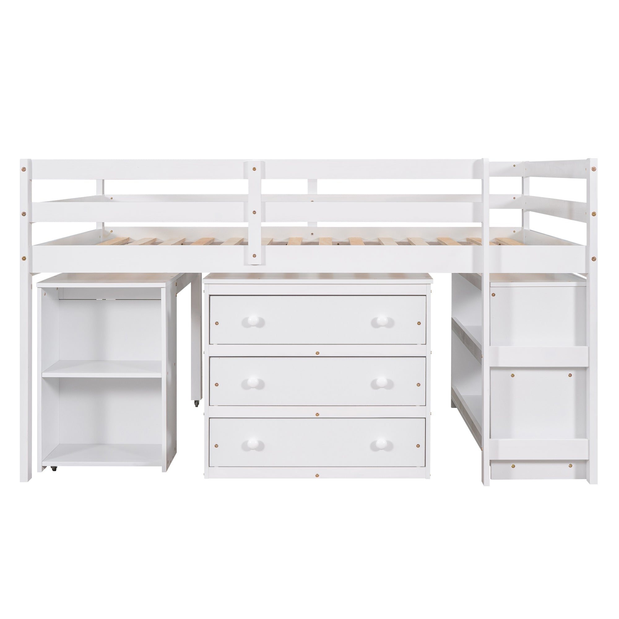 Royard Oaktree Loft Bed with Freestanding 3-Drawer Chest, Bookcase, and Rolling Portable Desk Wood Low Loft Bed Frame with Ladder and Guardrails