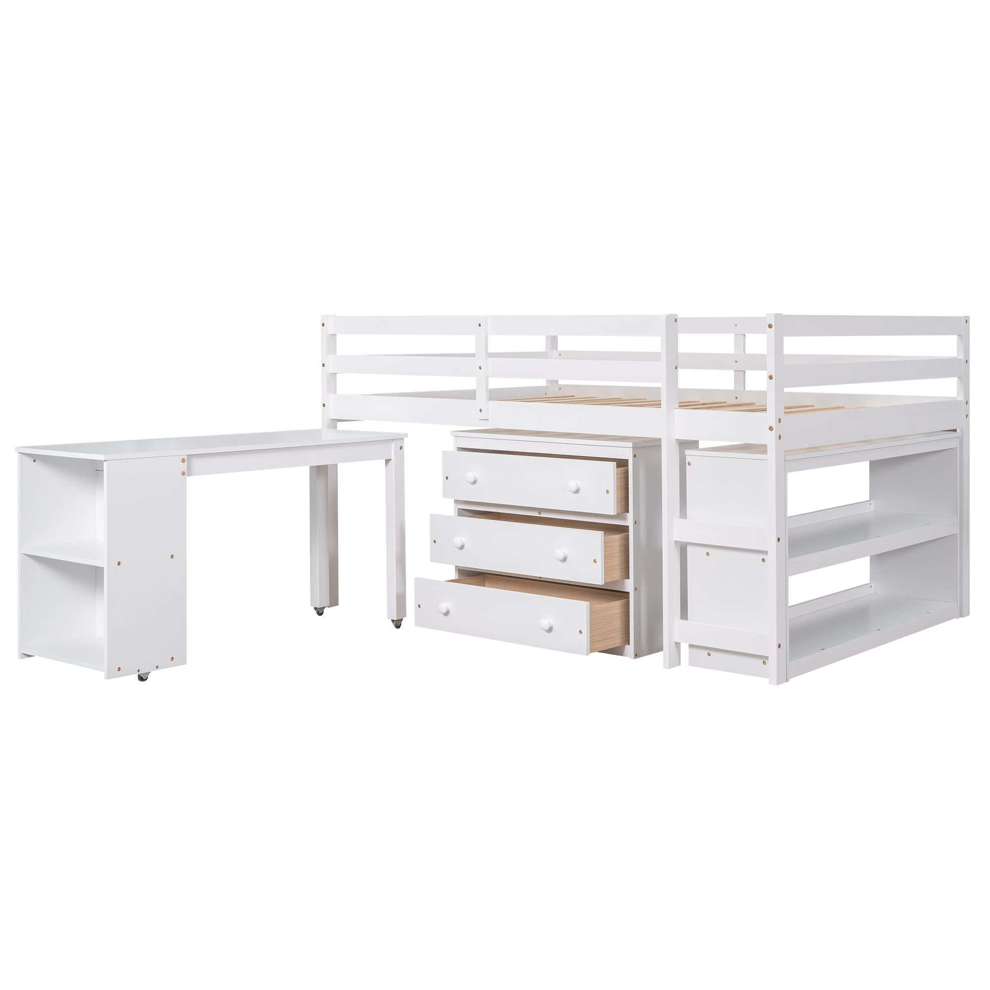 Royard Oaktree Loft Bed with Freestanding 3-Drawer Chest, Bookcase, and Rolling Portable Desk Wood Low Loft Bed Frame with Ladder and Guardrails