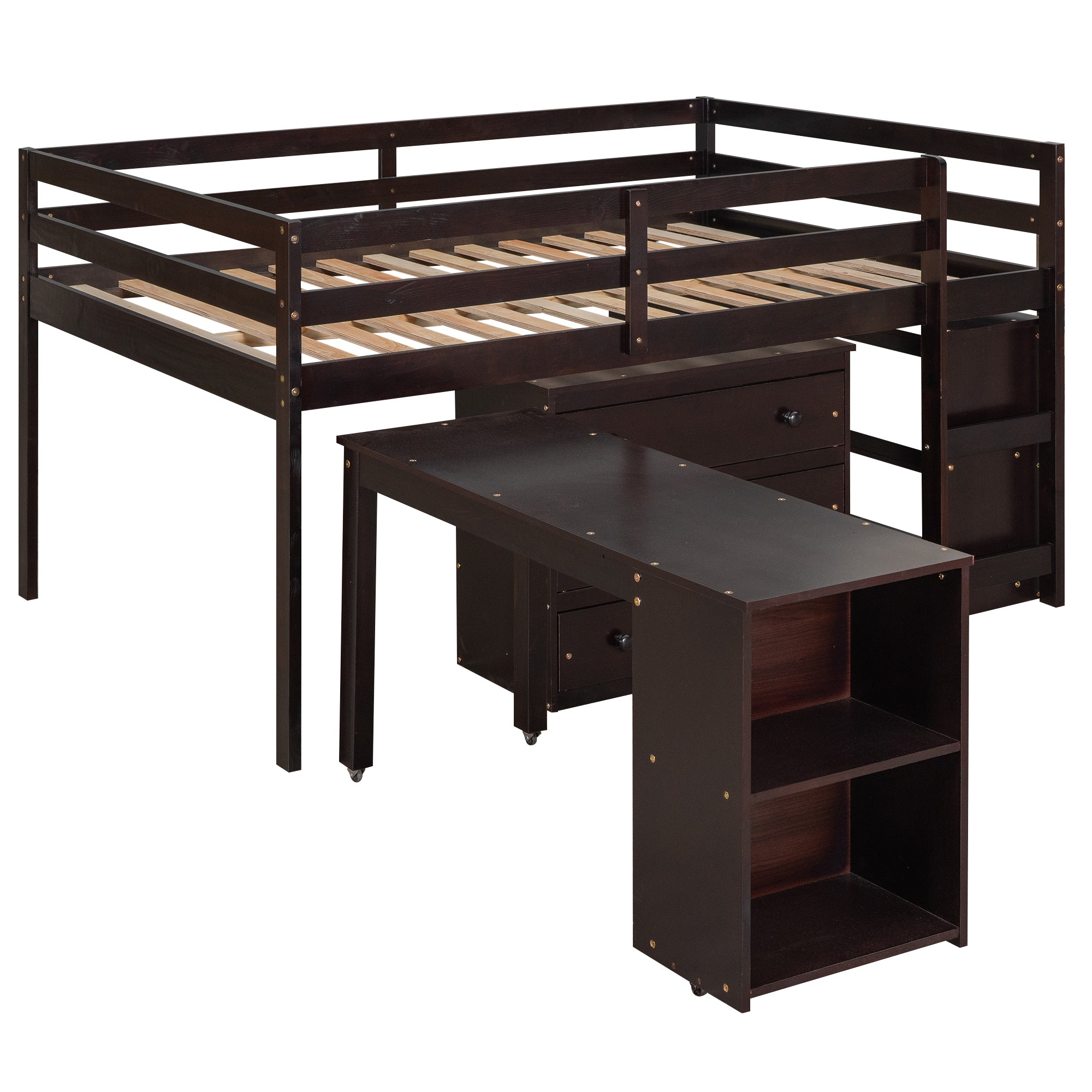 Royard Oaktree Loft Bed with Freestanding 3-Drawer Chest, Bookcase, and Rolling Portable Desk Wood Low Loft Bed Frame with Ladder and Guardrails