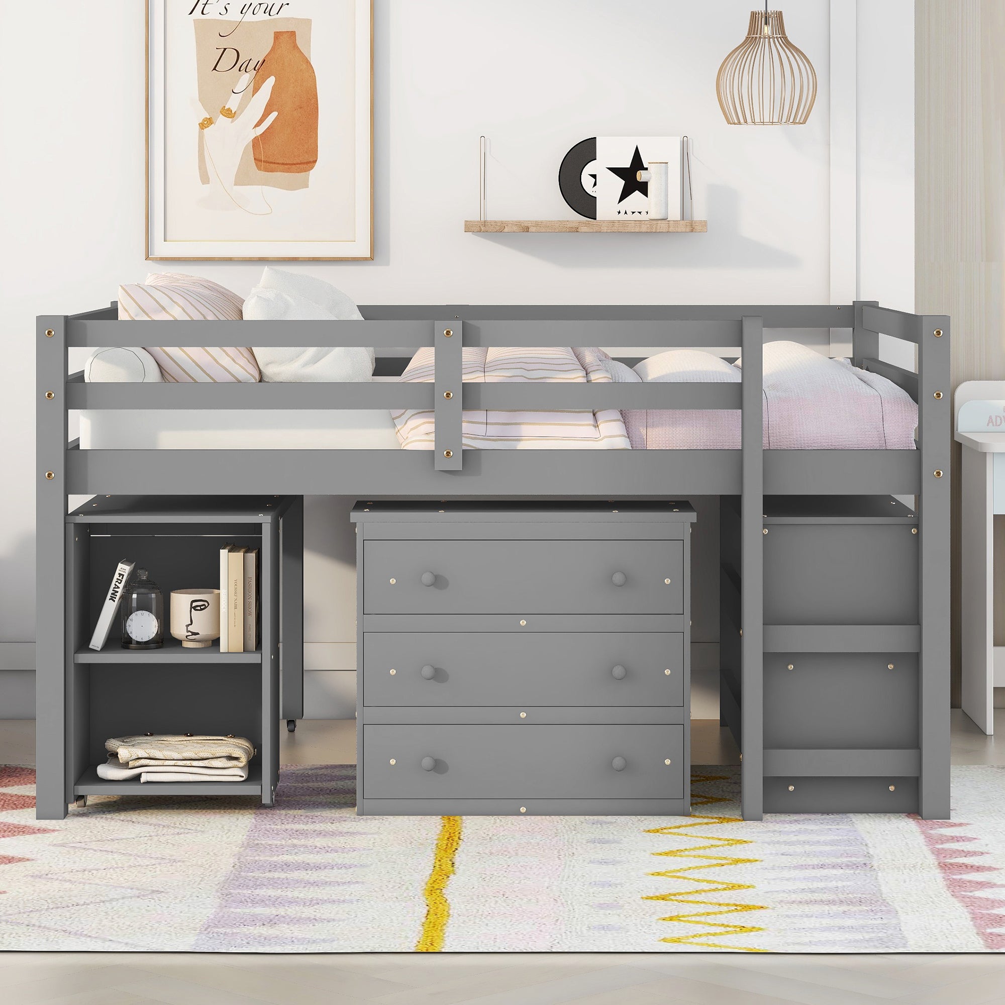 Royard Oaktree Loft Bed with Freestanding 3-Drawer Chest, Bookcase, and Rolling Portable Desk Wood Low Loft Bed Frame with Ladder and Guardrails