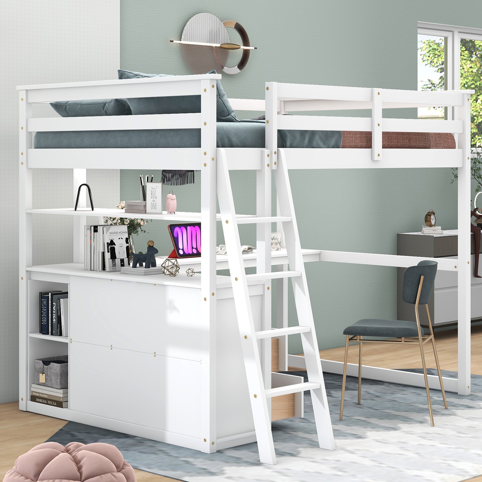 Royard Oaktree Full Size Loft Bed with Desk Shelves and Two Built-in Drawers Wooden Loft Bed Frame with Ladder and Guardrails