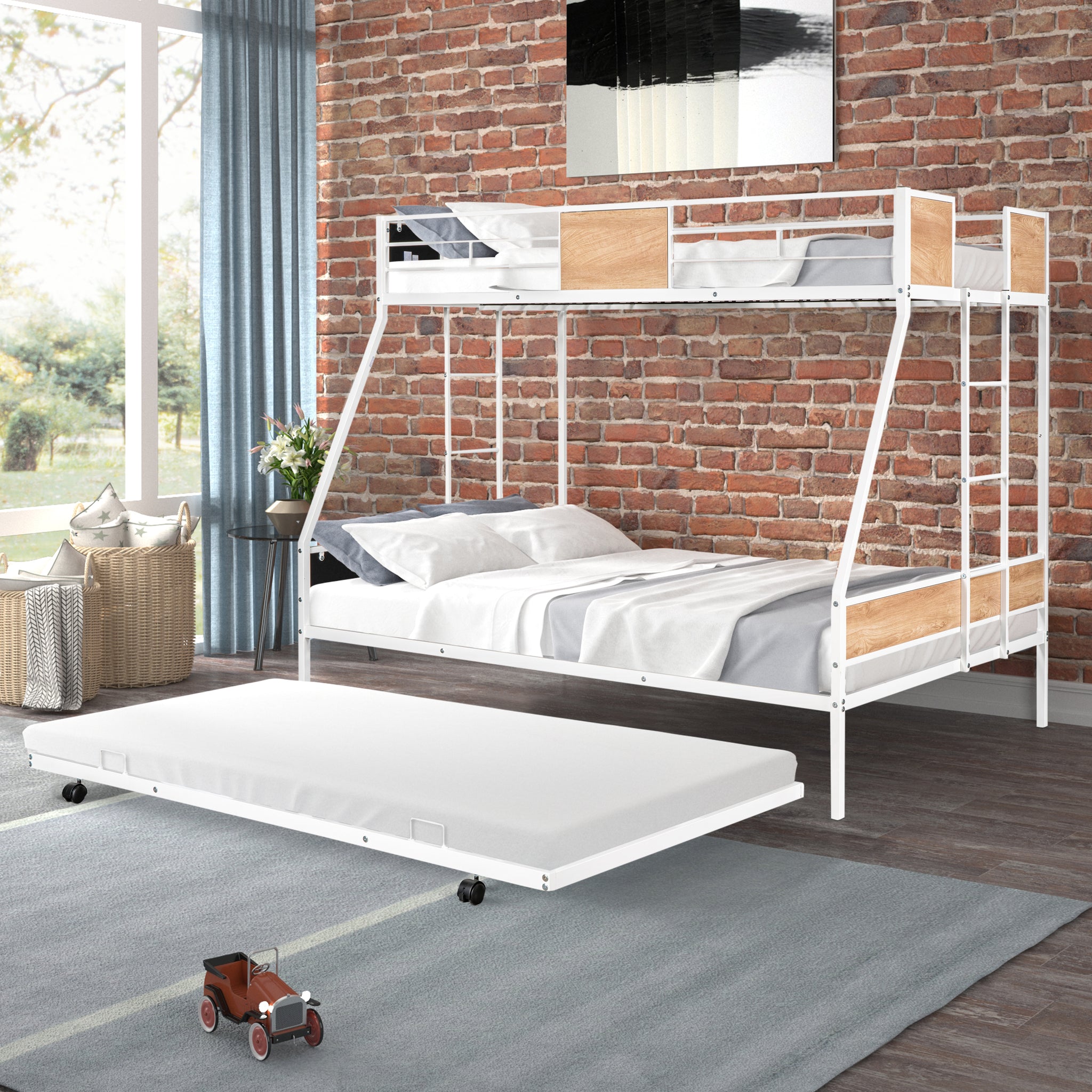 Royard Oaktree Twin over Full Bunk with Trundle Metal Bunk Bed Frame with Slat and Guardrail