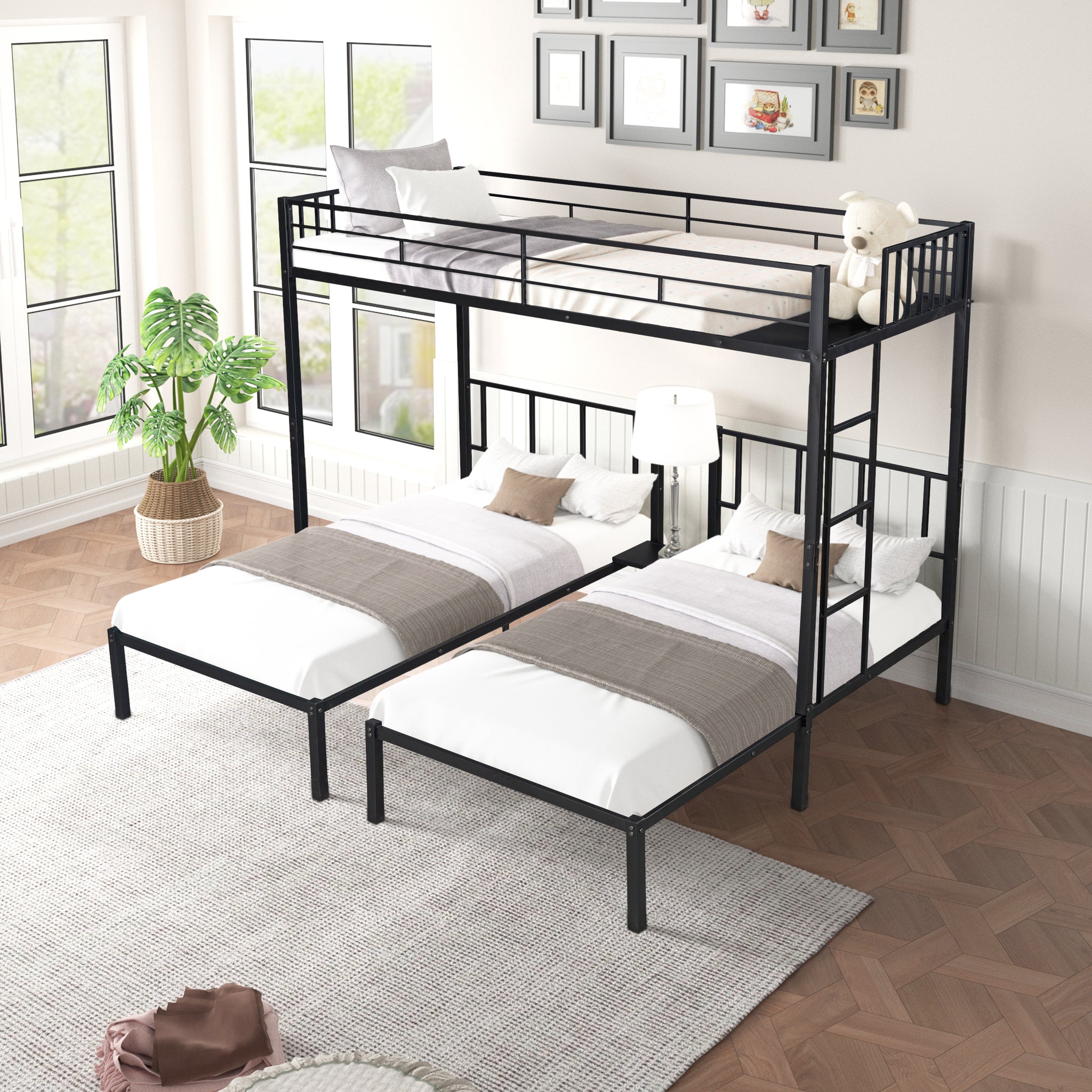 Royard Oaktree Triple Twin Bunk Bed Metal Bunk Bed Frame with Slat and Guardrail, Modern Bed Frame Can Be Separated Into 3 Twin Beds