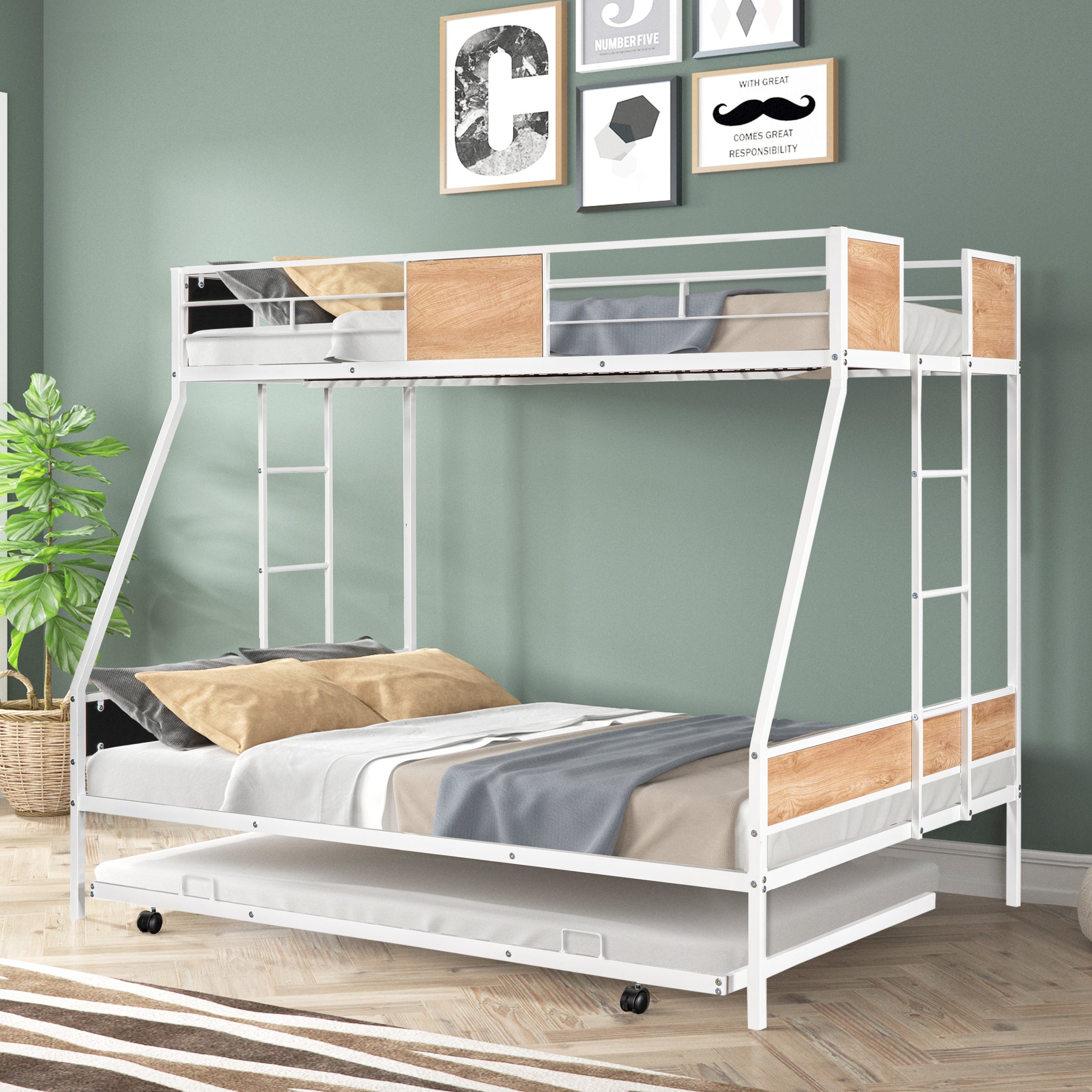 Royard Oaktree Twin over Full Bunk with Trundle Metal Bunk Bed Frame with Slat and Guardrail