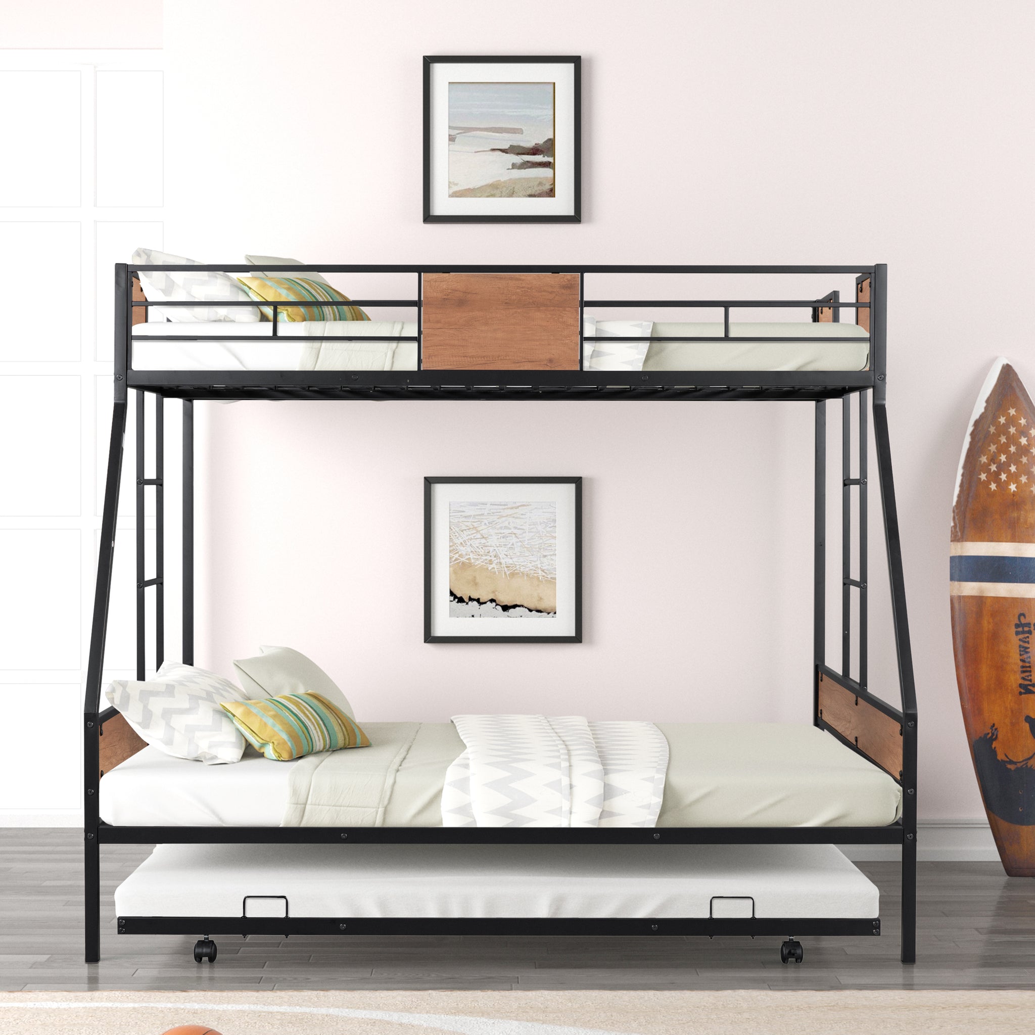 Royard Oaktree Twin over Full Bunk with Trundle Metal Bunk Bed Frame with Slat and Guardrail