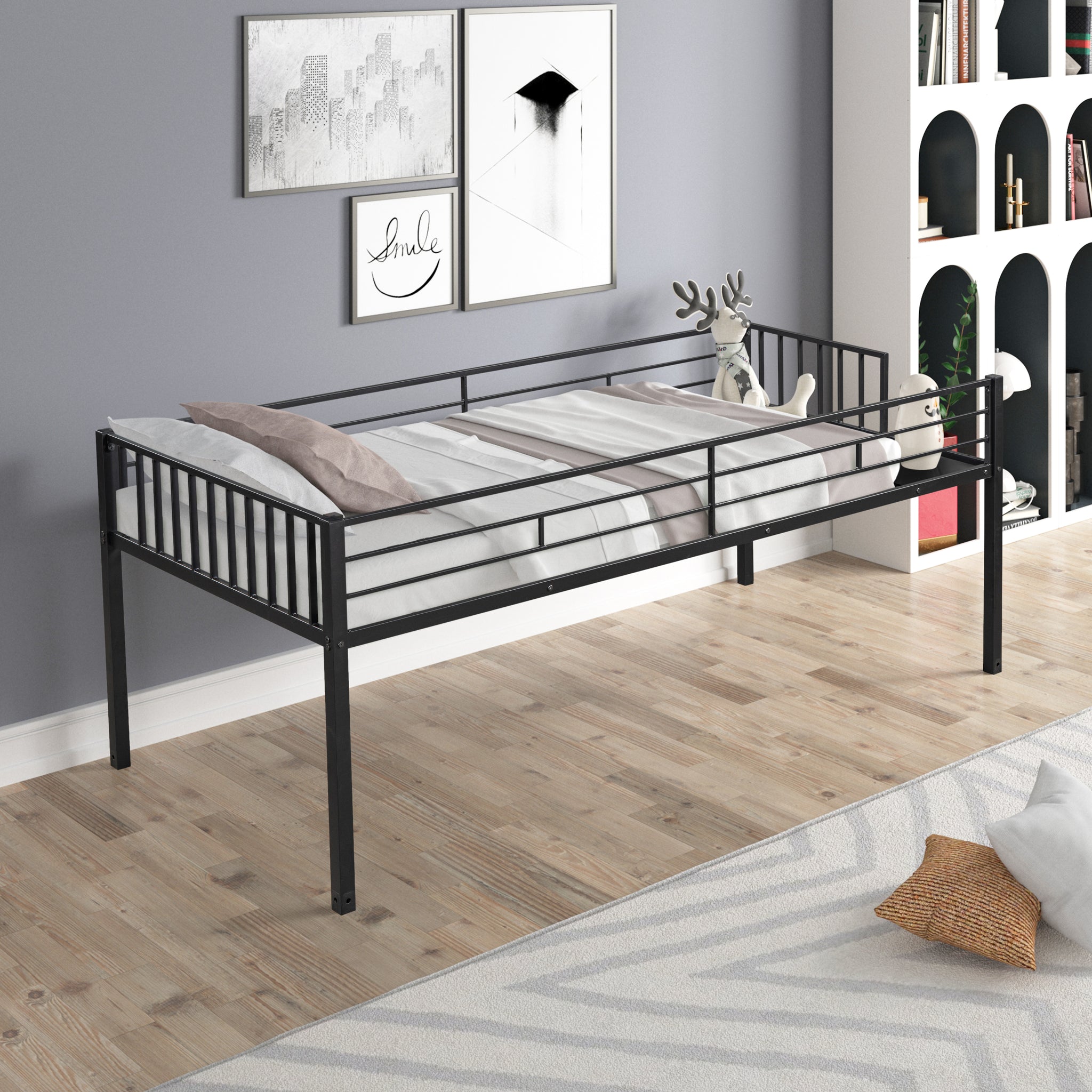 Royard Oaktree Triple Twin Bunk Bed Metal Bunk Bed Frame with Slat and Guardrail, Modern Bed Frame Can Be Separated Into 3 Twin Beds