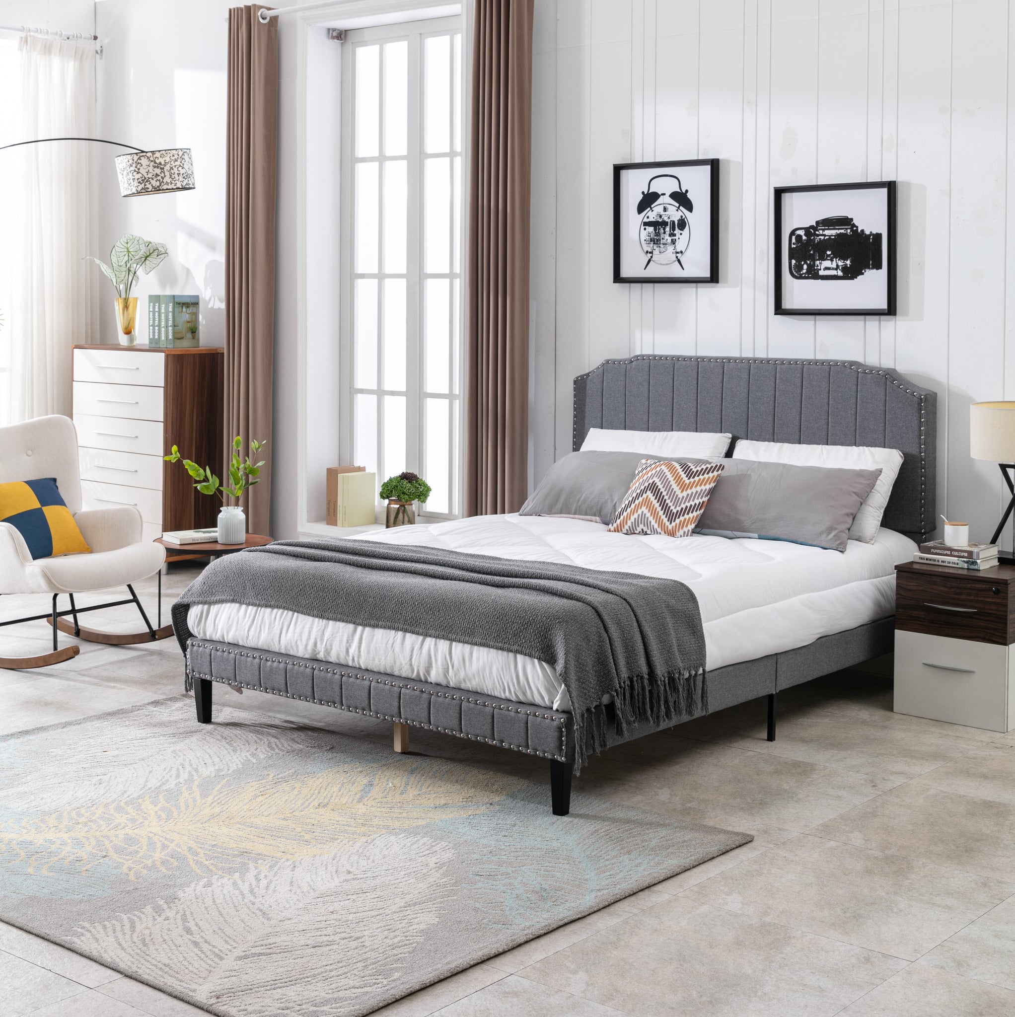 Queen Size Bed with Curved Headboard Modern Linen Upholstered Platform Bed with Nailhead Trim Solid Wood Bed Frame with Slats, No Box Spring Needed