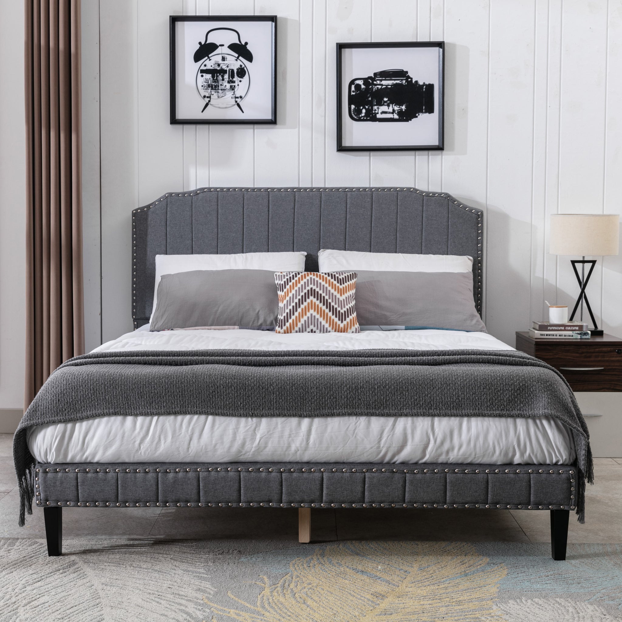 Queen Size Bed with Curved Headboard Modern Linen Upholstered Platform Bed with Nailhead Trim Solid Wood Bed Frame with Slats, No Box Spring Needed