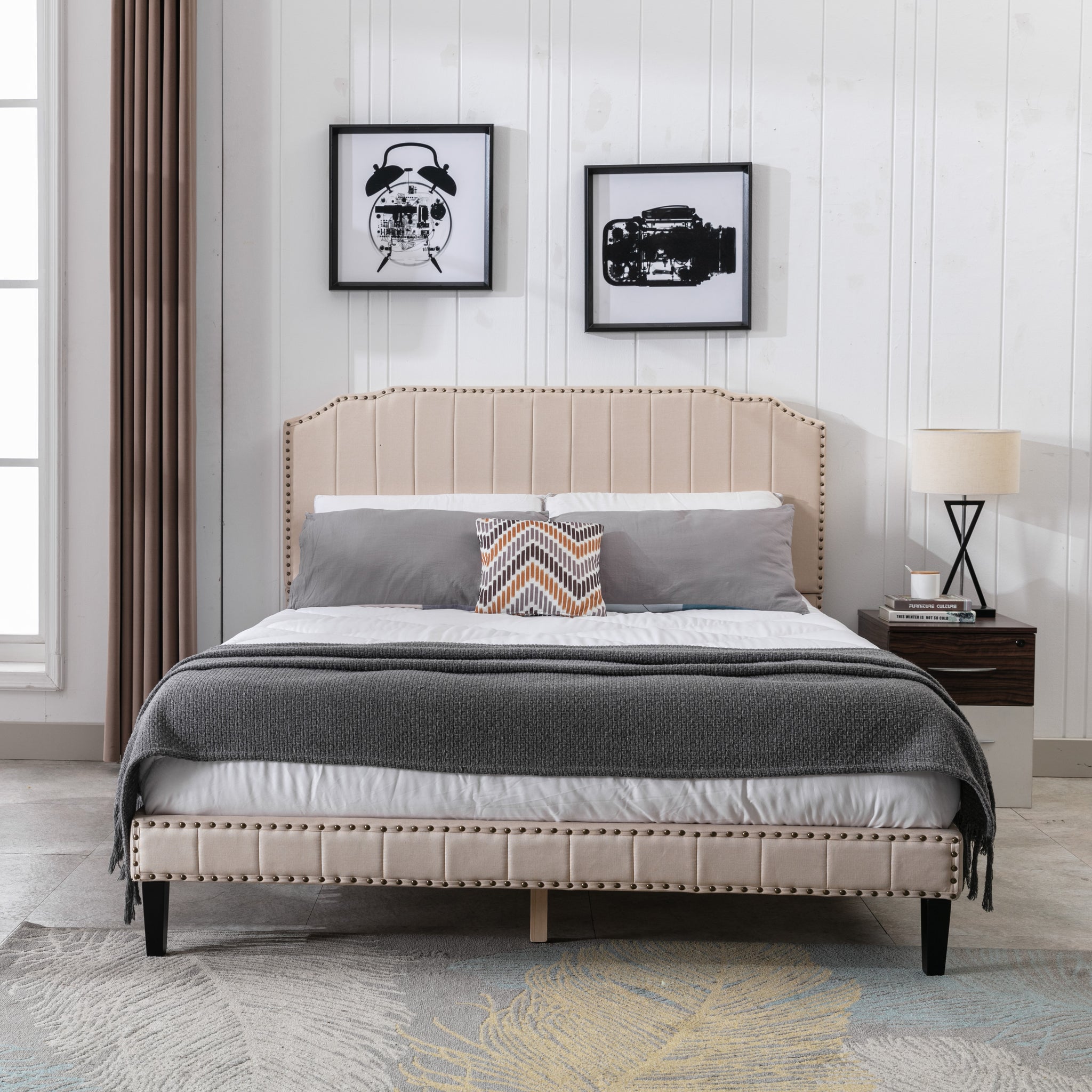 Queen Size Bed with Curved Headboard Modern Linen Upholstered Platform Bed with Nailhead Trim Solid Wood Bed Frame with Slats, No Box Spring Needed