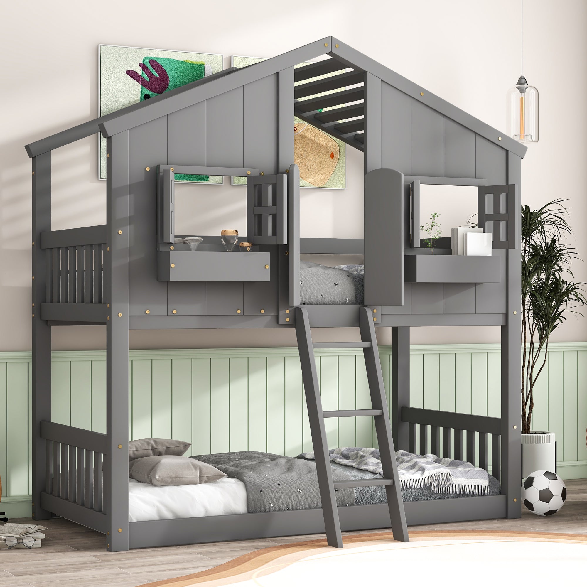 Royard Oaktree Twin over Twin House Bunk Bed with Roof, Window, Window Box, Door, Wood Bunk Bed Frame with Safety Guardrails and Ladder