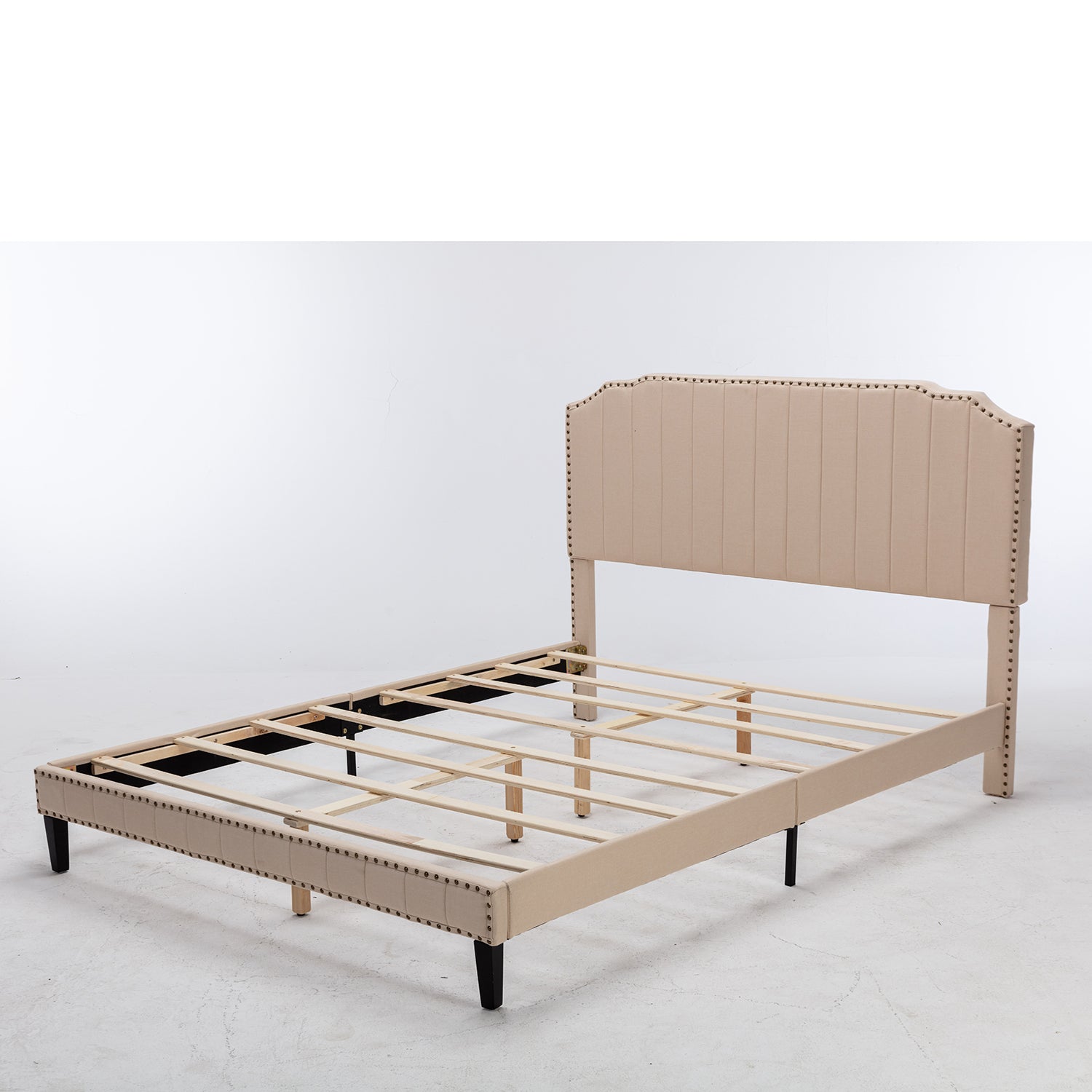 Queen Size Bed with Curved Headboard Modern Linen Upholstered Platform Bed with Nailhead Trim Solid Wood Bed Frame with Slats, No Box Spring Needed